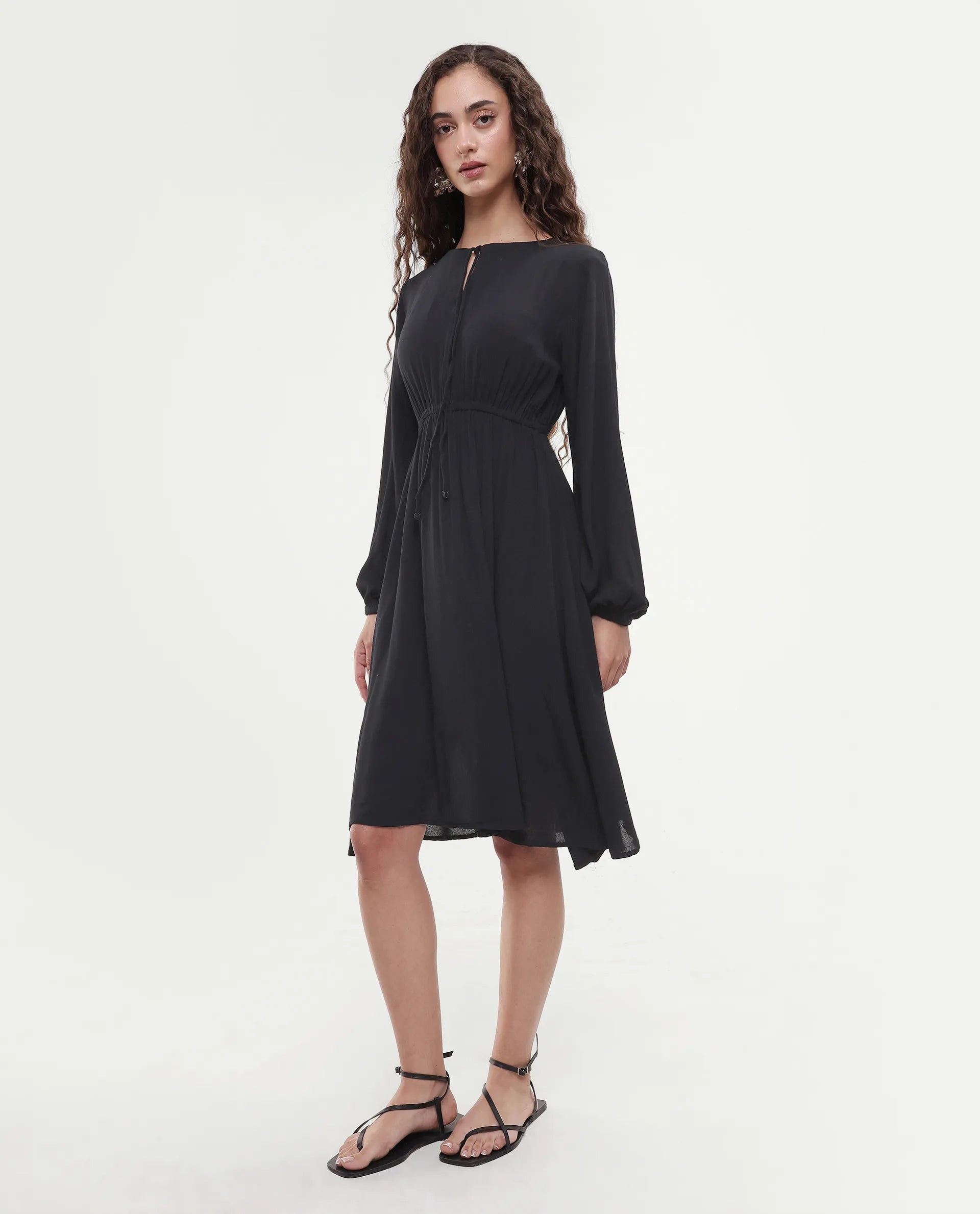Rareism Women's Janog Black Cotton Tie-Up Neck Plain Bishop Sleeve Knee Length Fit And Flare Dress