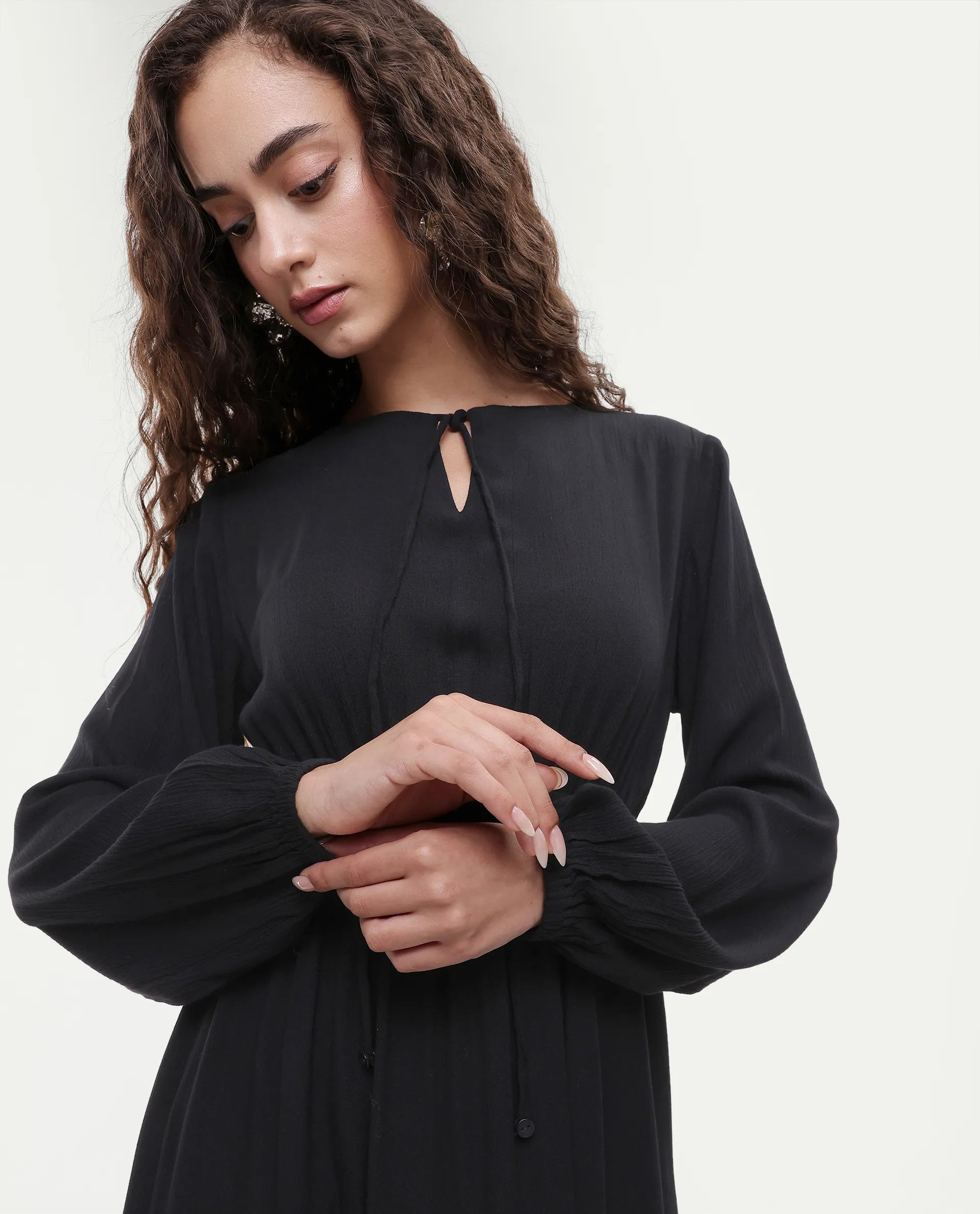 Rareism Women's Janog Black Cotton Tie-Up Neck Plain Bishop Sleeve Knee Length Fit And Flare Dress