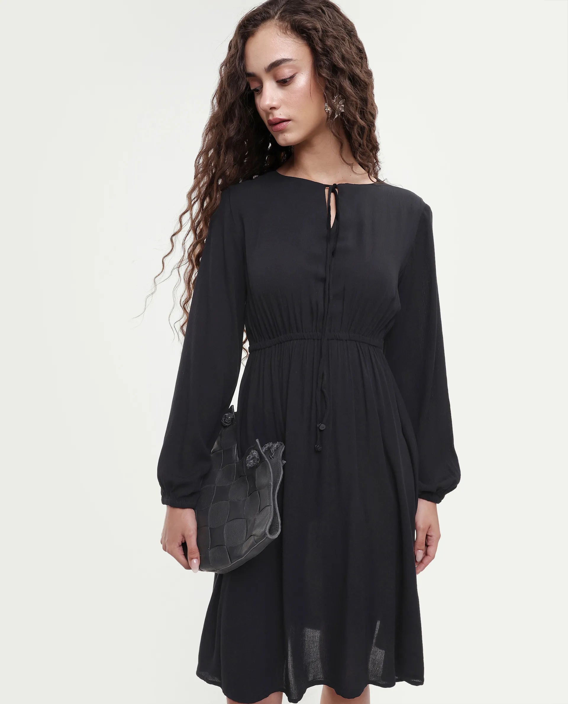 Rareism Women's Janog Black Cotton Tie-Up Neck Plain Bishop Sleeve Knee Length Fit And Flare Dress