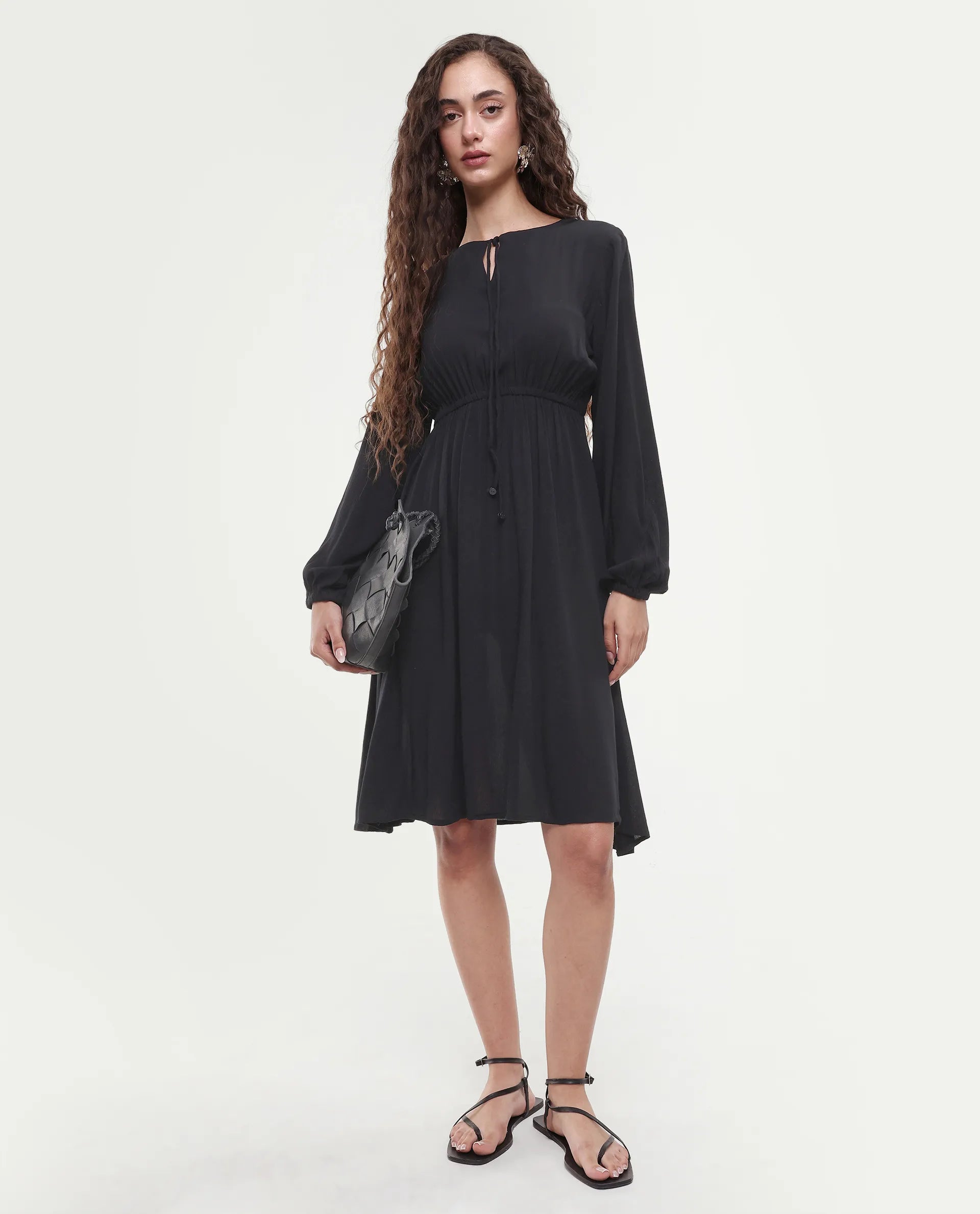 Rareism Women's Janog Black Cotton Tie-Up Neck Plain Bishop Sleeve Knee Length Fit And Flare Dress