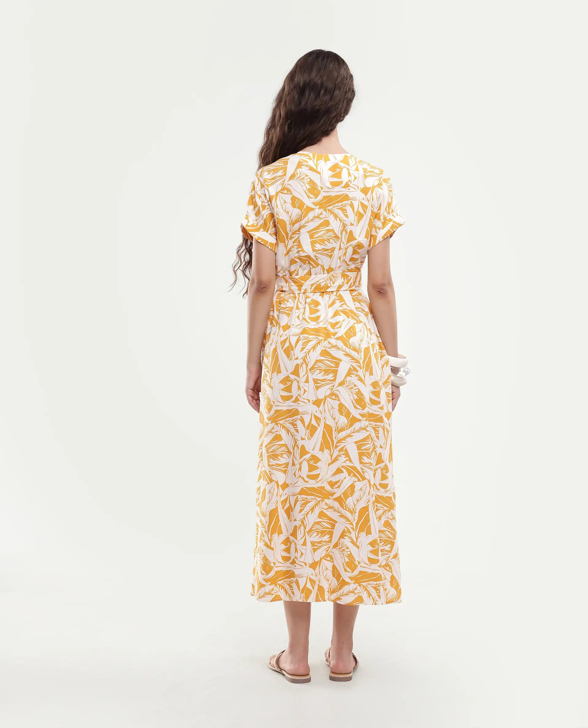 Rareism Women's Janmink Light Mustard Viscose Overlap Neck Floral Print Ruffled Sleeve Midi Wrap Dress