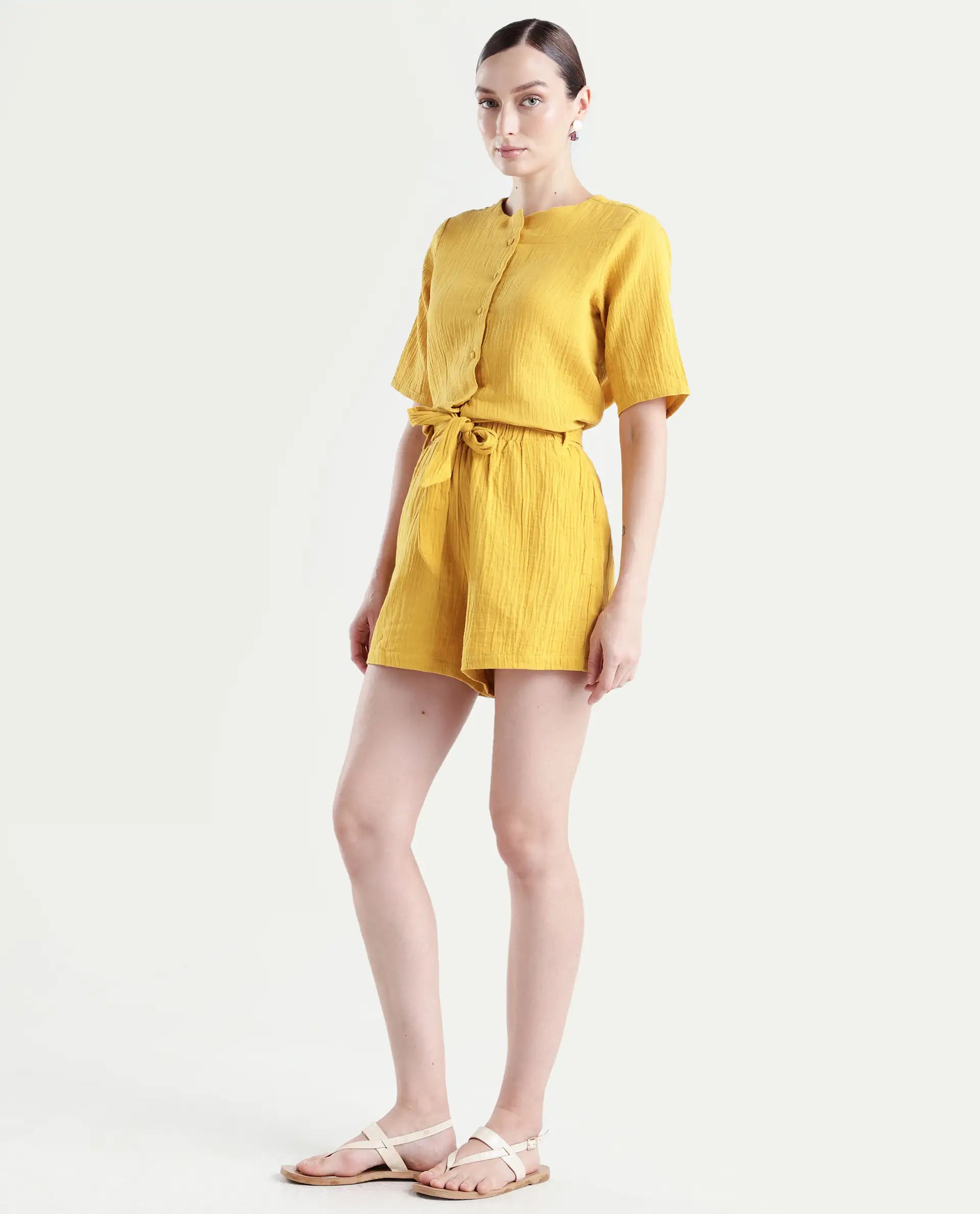 Rareism Women's Jandren B Mustard Cotton Plain Mini Regular Fit Shorts