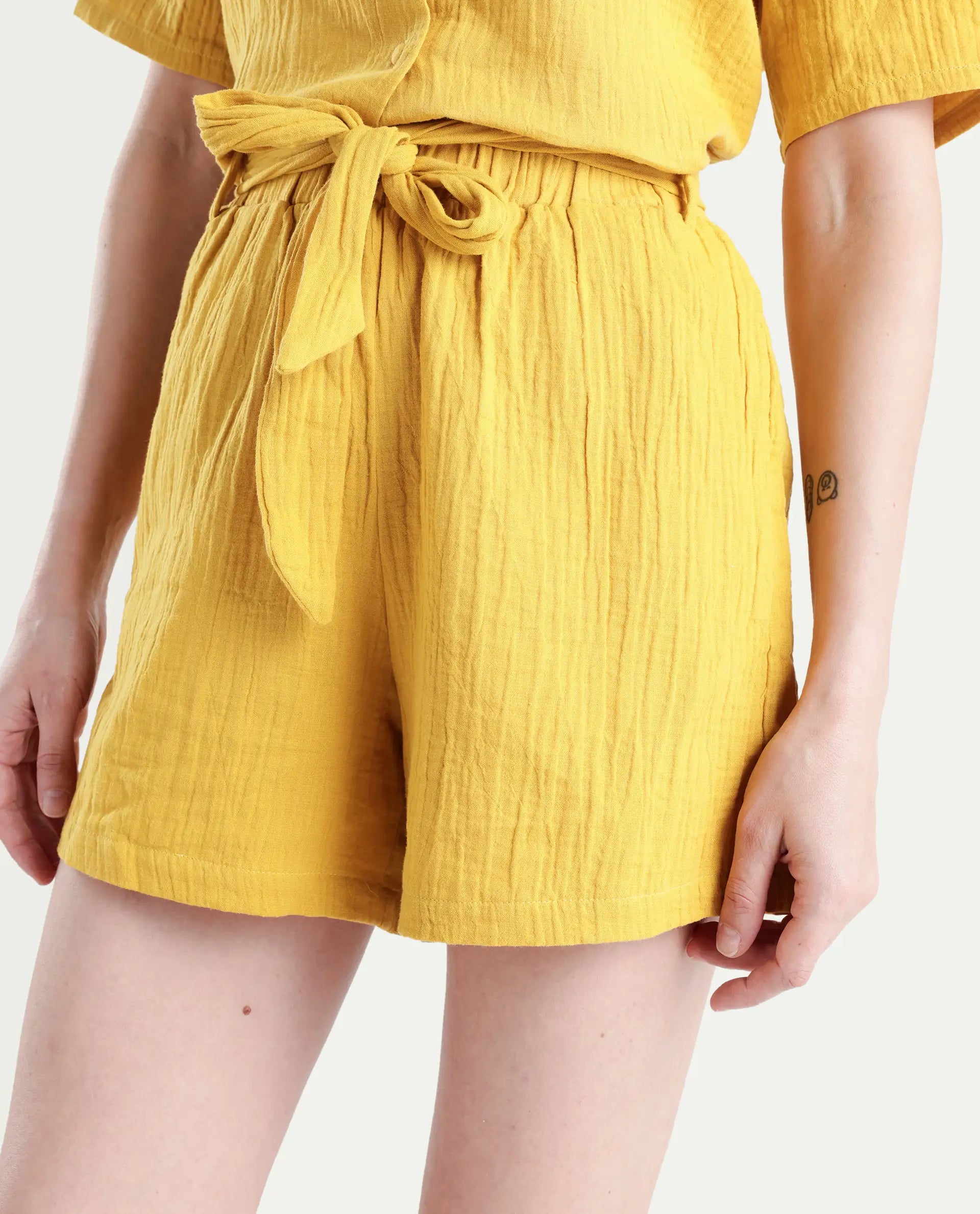 Rareism Women's Jandren B Mustard Cotton Plain Mini Regular Fit Shorts