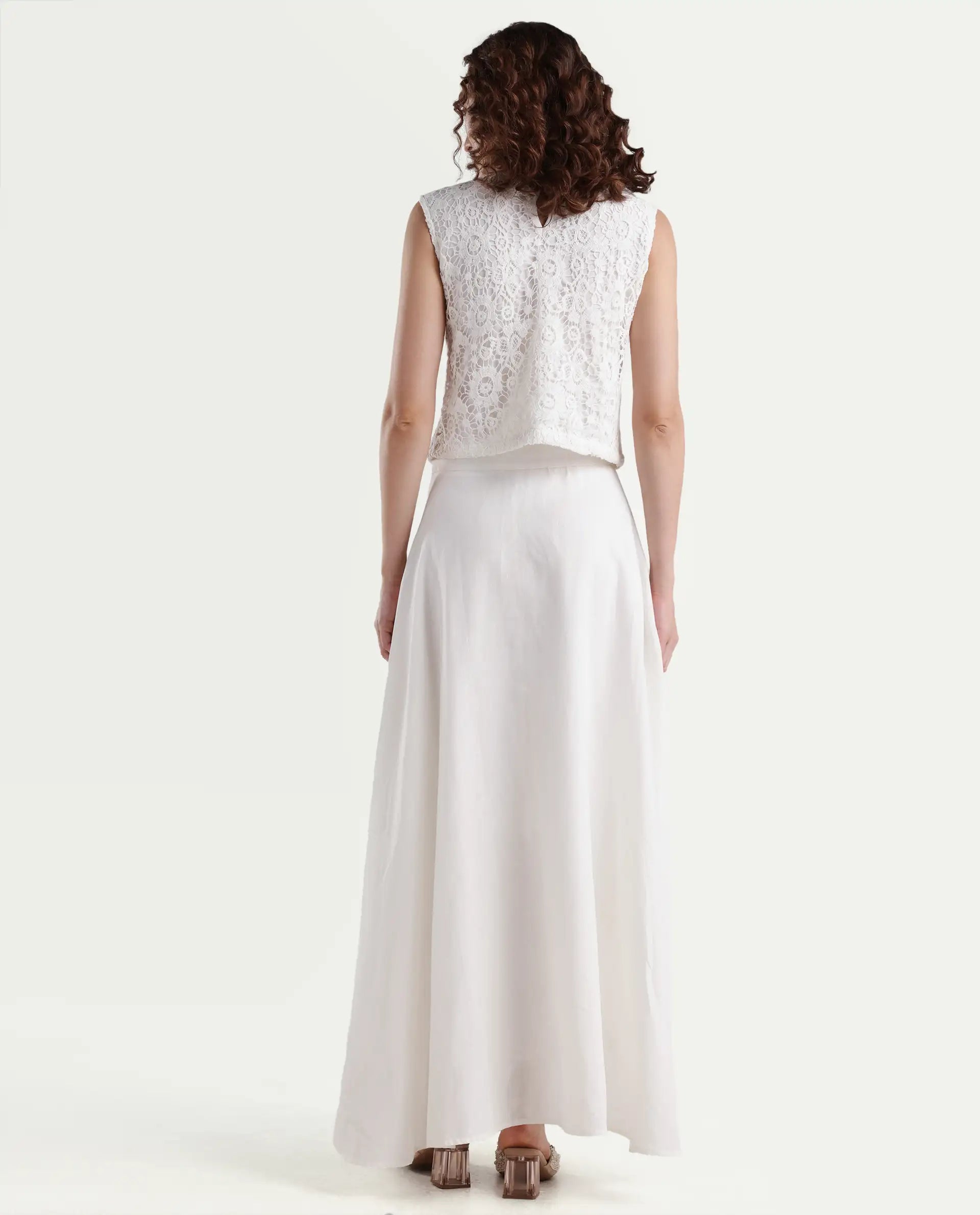 Rareism Women's Janlom B Off White Cotton Blend Plain Ankle Length A-Line Skirt