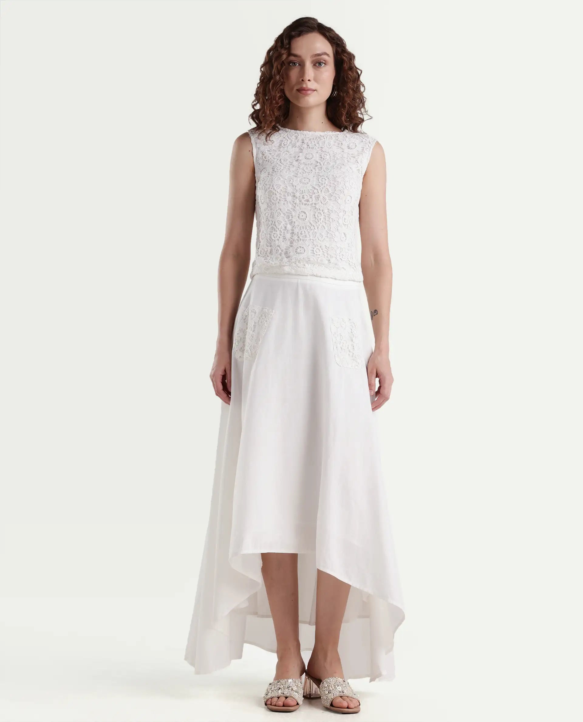 Rareism Women's Janlom B Off White Cotton Blend Plain Ankle Length A-Line Skirt