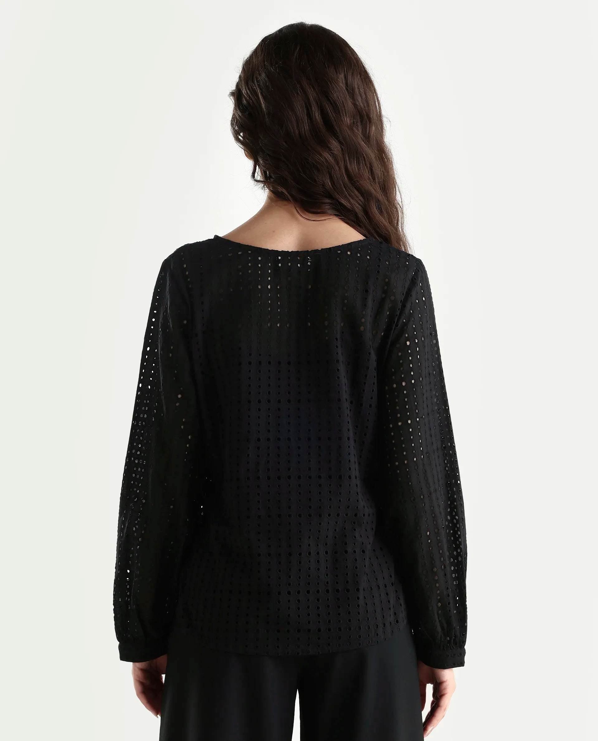 Rareism Women's Jancy Black Cotton Boat Neck Plain Bishop Sleeve Regular Fit Top