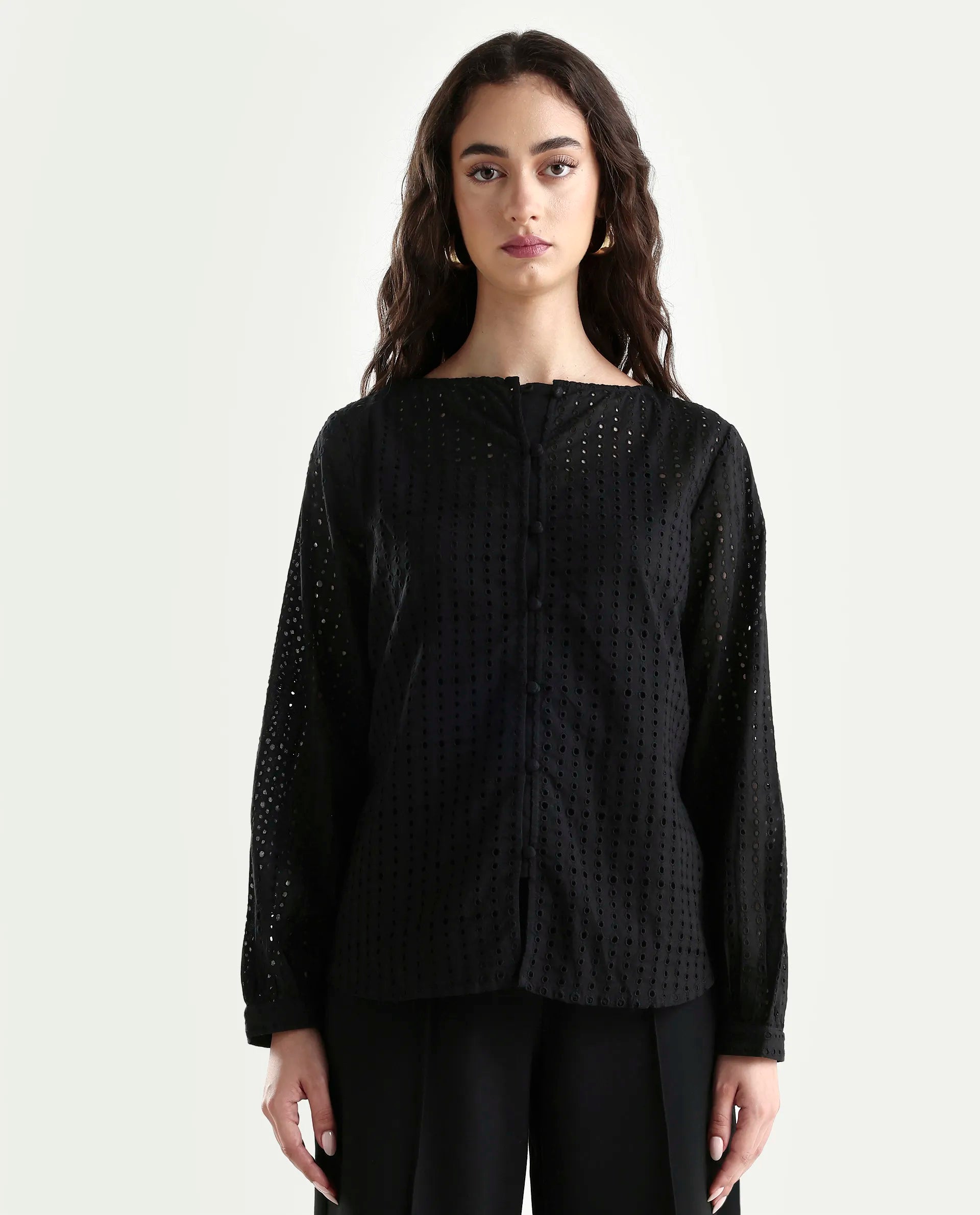 Rareism Women's Jancy Black Cotton Boat Neck Plain Bishop Sleeve Regular Fit Top