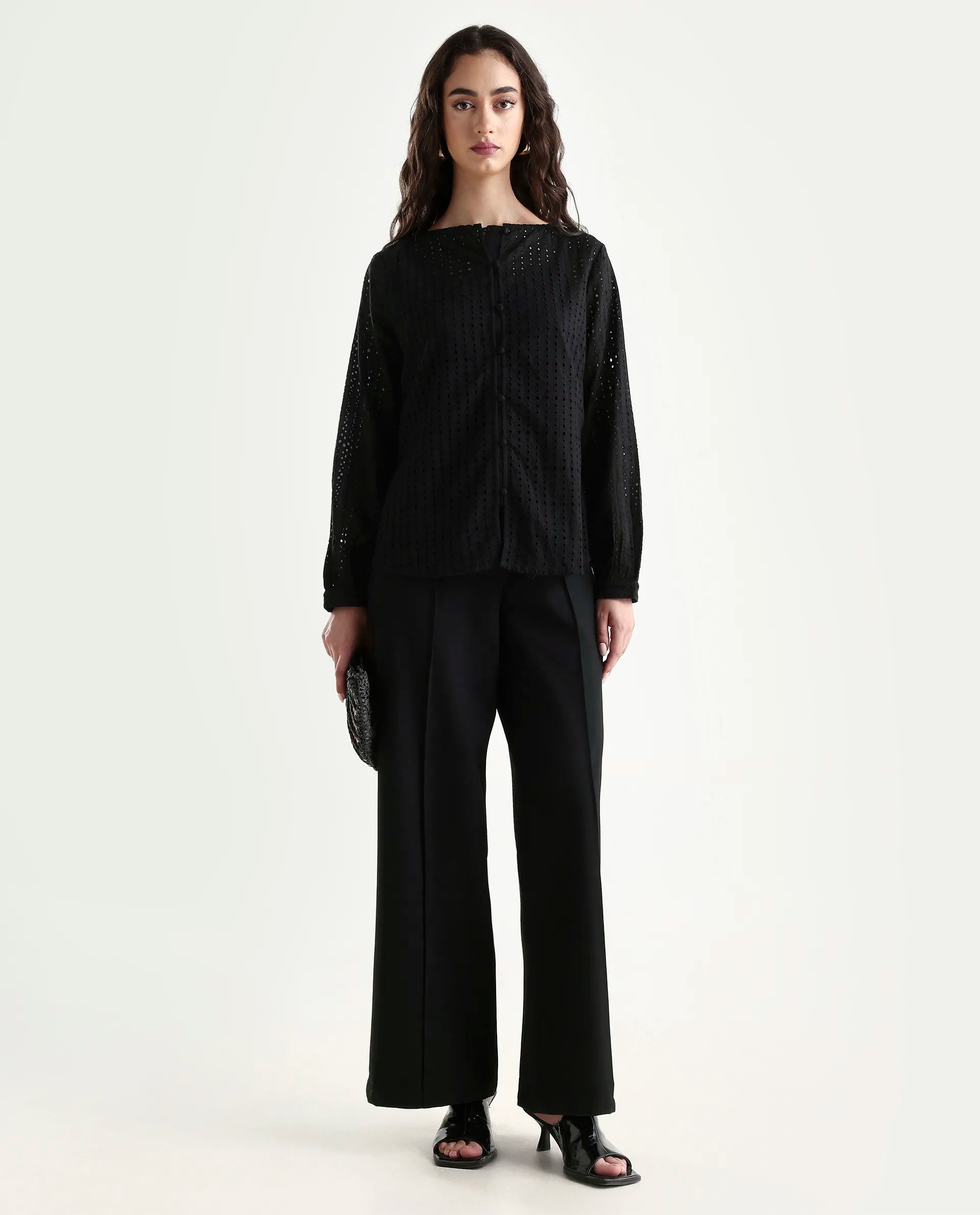 Rareism Women's Jancy Black Cotton Boat Neck Plain Bishop Sleeve Regular Fit Top