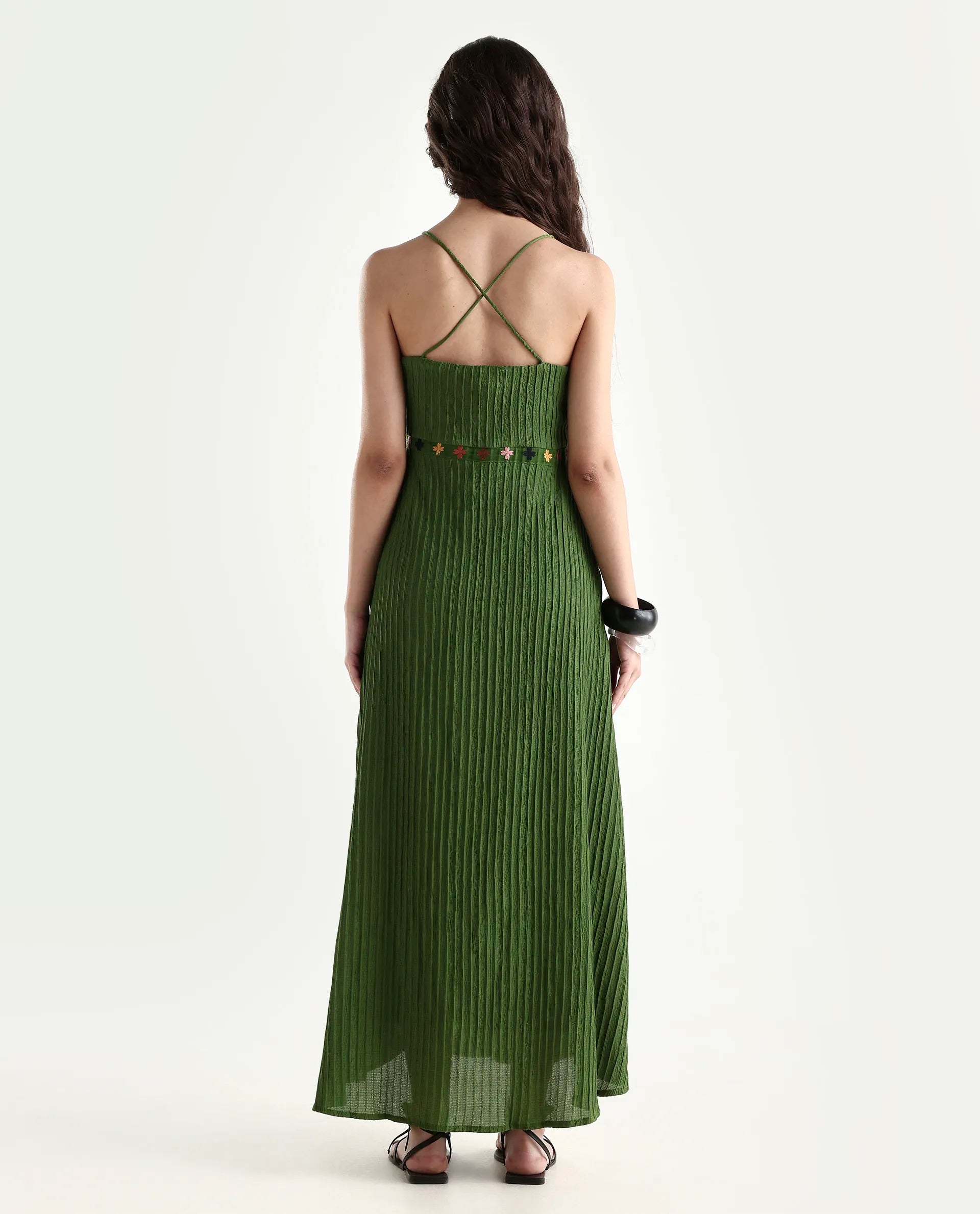 Rareism Women's Ronad Green Polyester Blend V-Neck Plain Sleeveless Maxi A-Line Dress