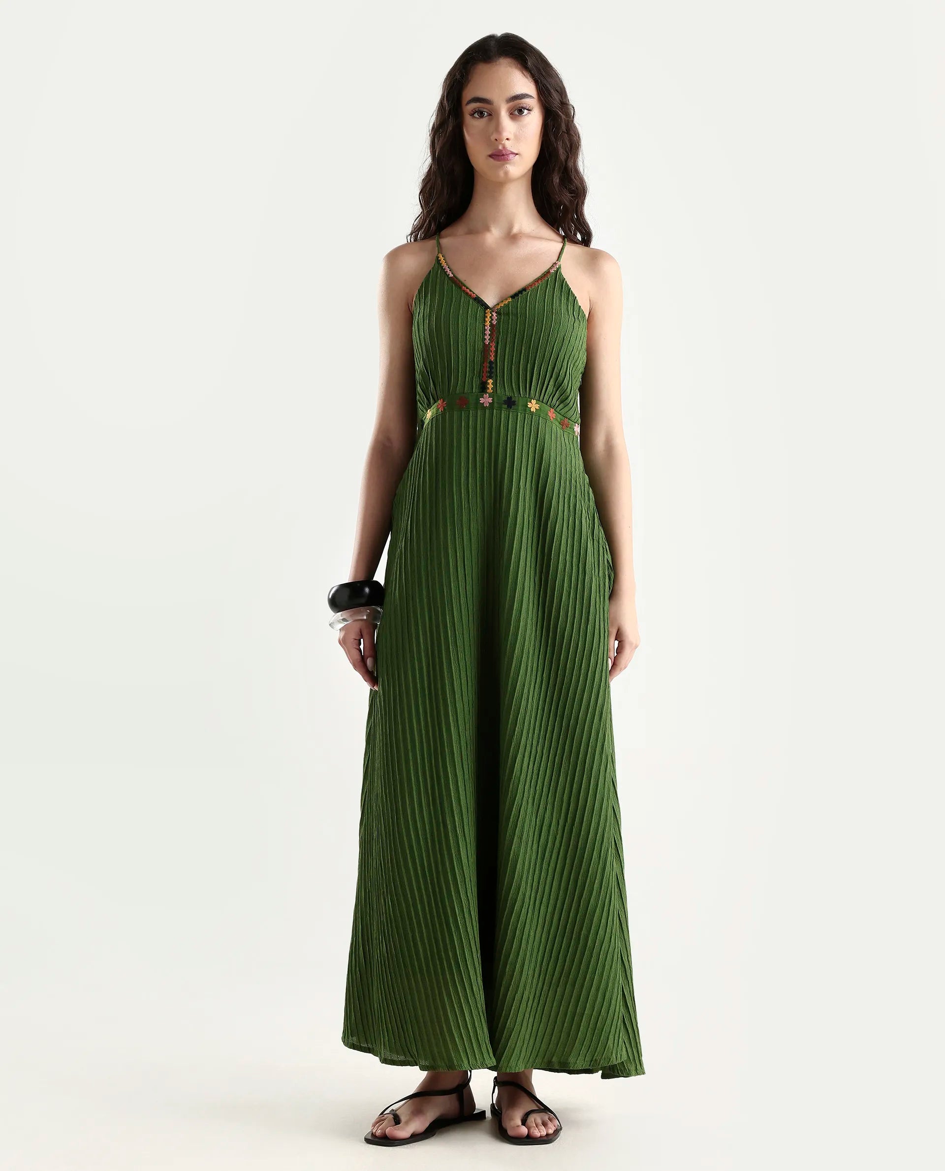 Rareism Women's Ronad Green Polyester Blend V-Neck Plain Sleeveless Maxi A-Line Dress