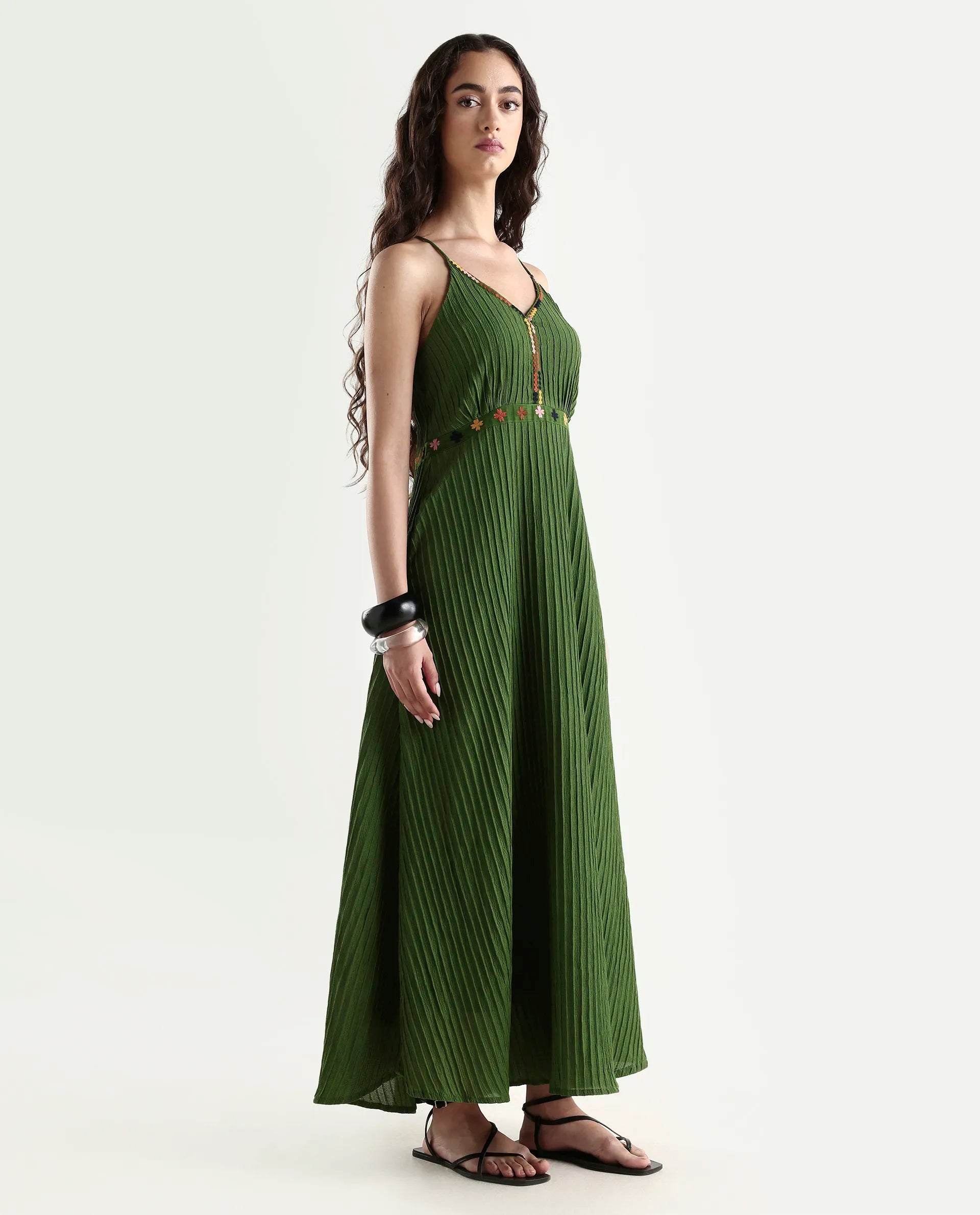 Rareism Women's Ronad Green Polyester Blend V-Neck Plain Sleeveless Maxi A-Line Dress