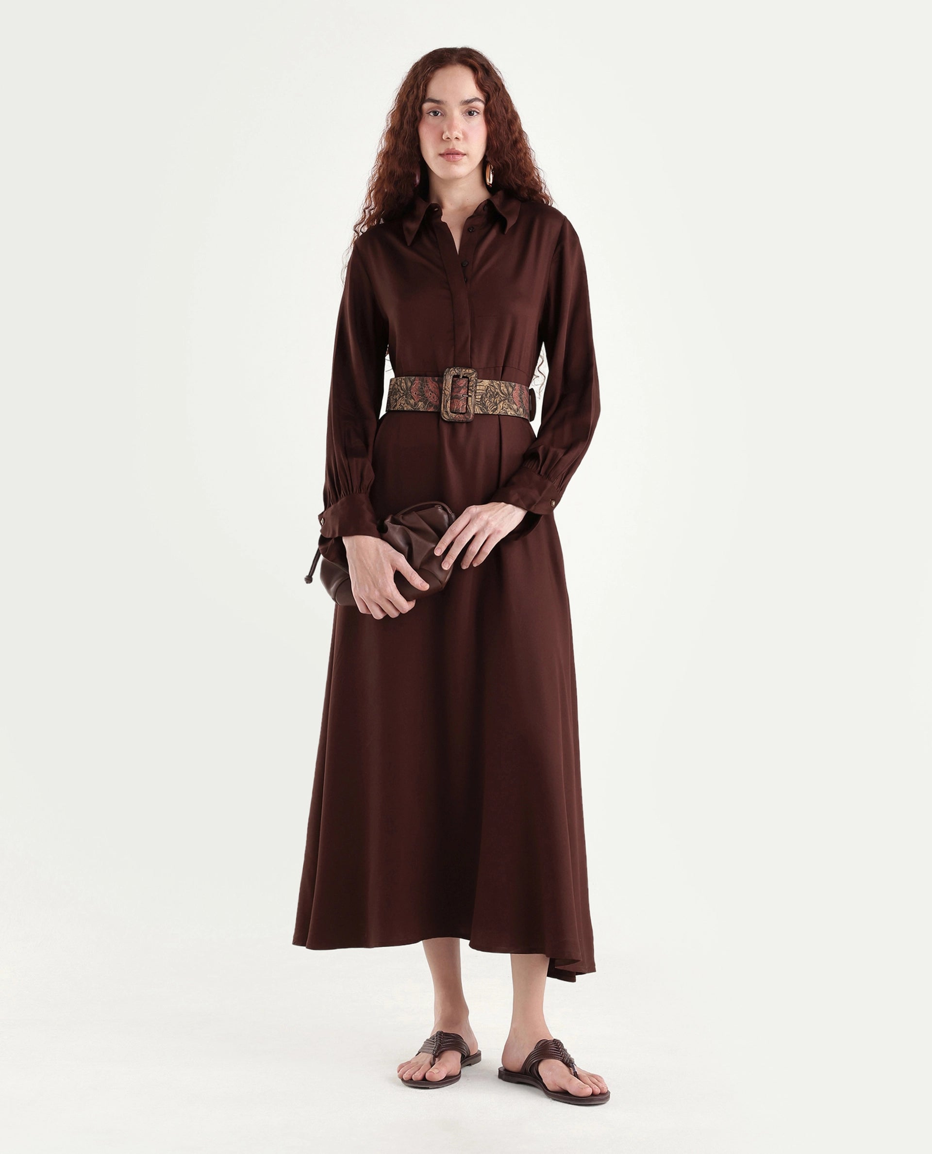 Rareism Women's Ronae Brown Viscose Spread Collar Plain Cuffed Sleeve Maxi Flared Dress
