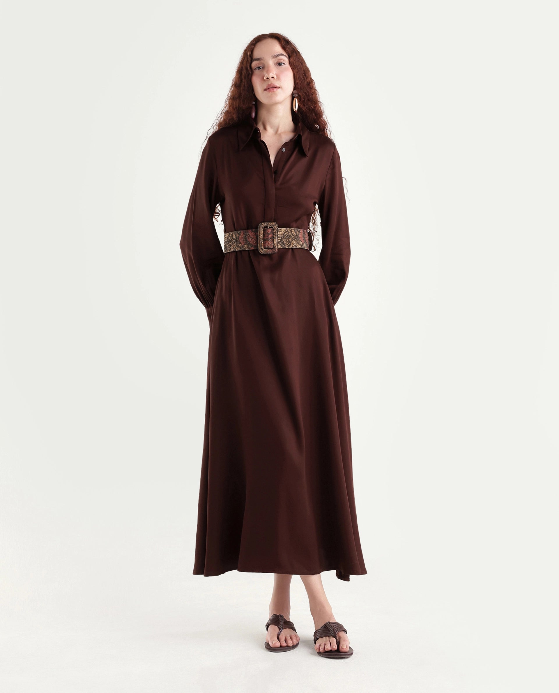 Rareism Women's Ronae Brown Viscose Spread Collar Plain Cuffed Sleeve Maxi Flared Dress