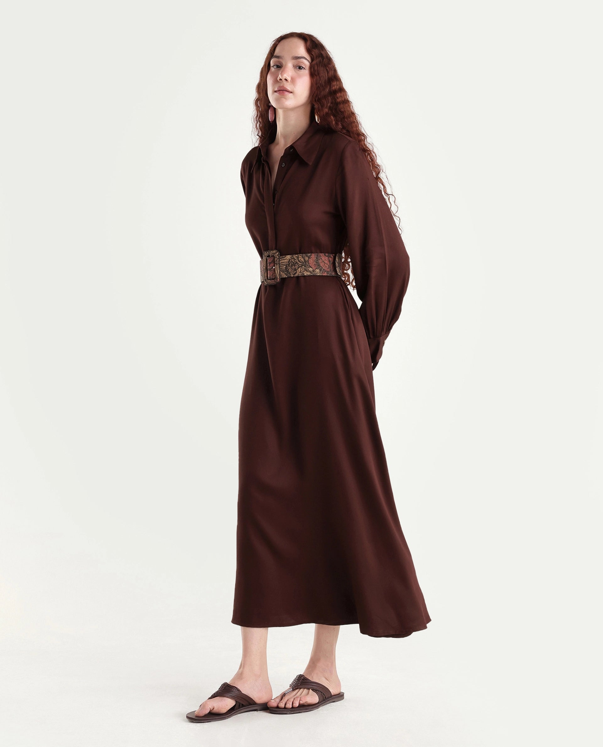 Rareism Women's Ronae Brown Viscose Spread Collar Plain Cuffed Sleeve Maxi Flared Dress