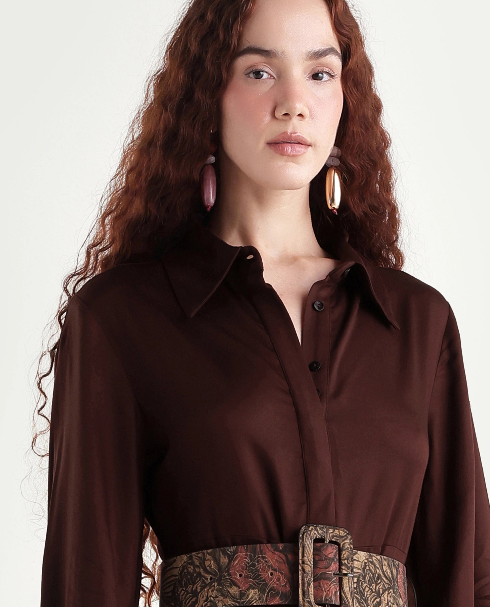 Rareism Women's Ronae Brown Viscose Spread Collar Plain Cuffed Sleeve Maxi Flared Dress