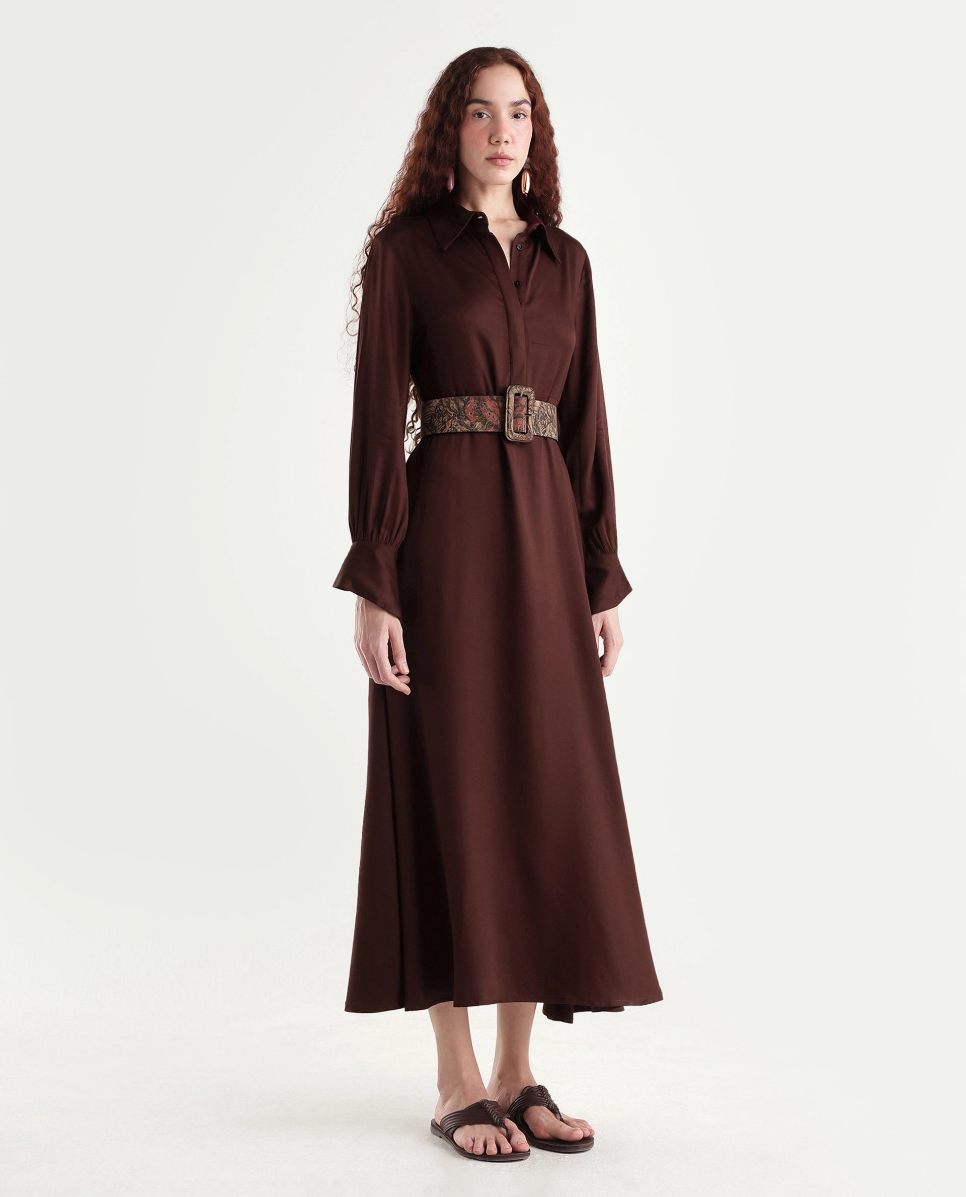 Rareism Women's Ronae Brown Viscose Spread Collar Plain Cuffed Sleeve Maxi Flared Dress