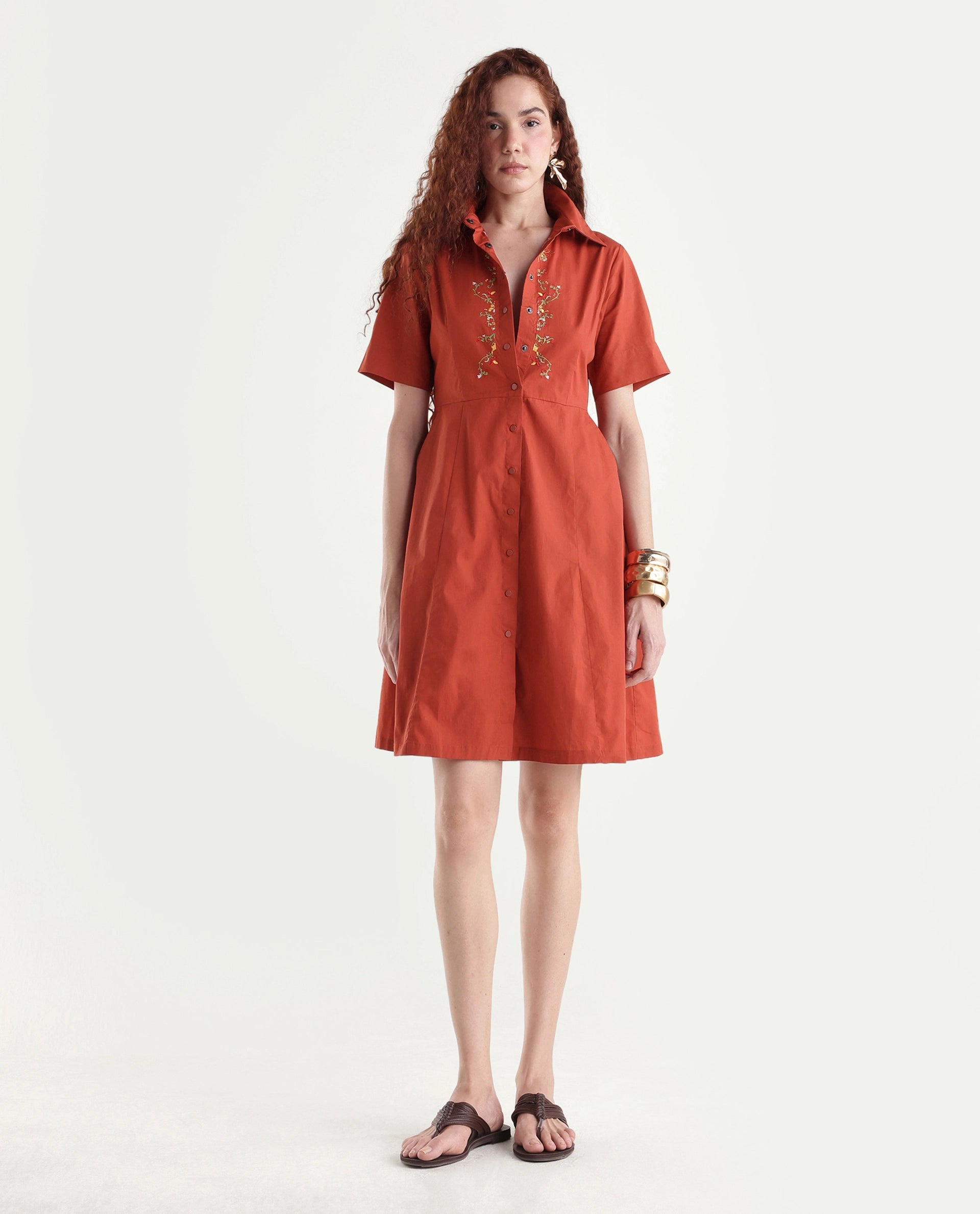 Rareism Women's Ronaj Rust Cotton Spread Collar Plain Knee Length Fit And Flare Dress