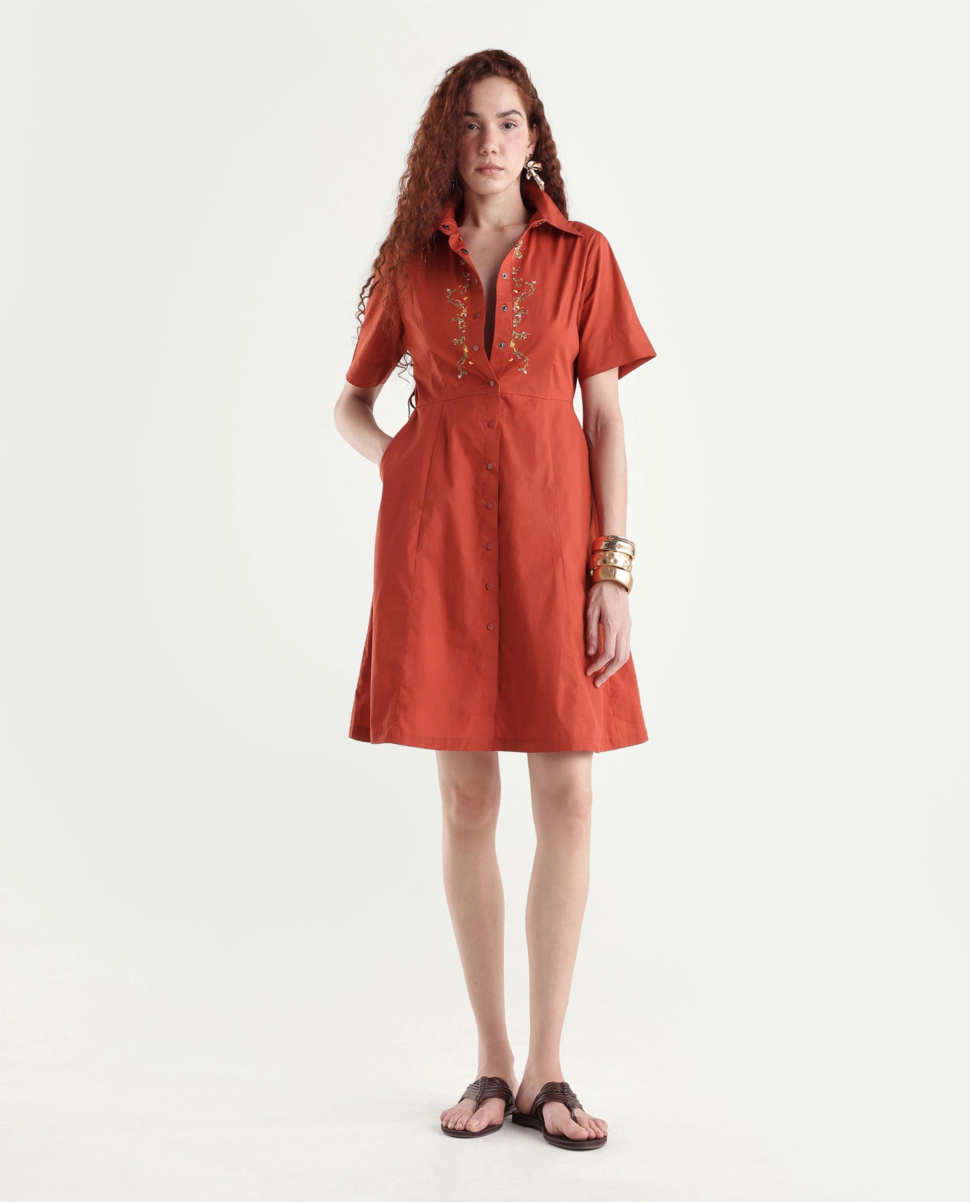 Rareism Women's Ronaj Rust Cotton Spread Collar Plain Knee Length Fit And Flare Dress