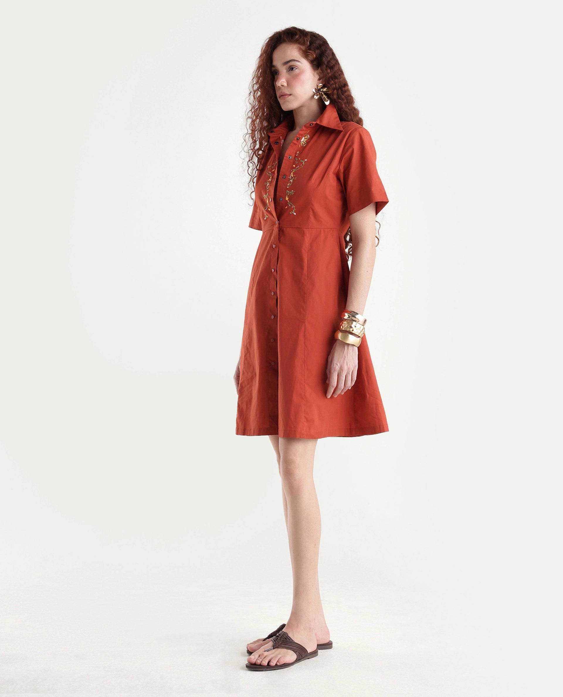 Rareism Women's Ronaj Rust Cotton Spread Collar Plain Knee Length Fit And Flare Dress