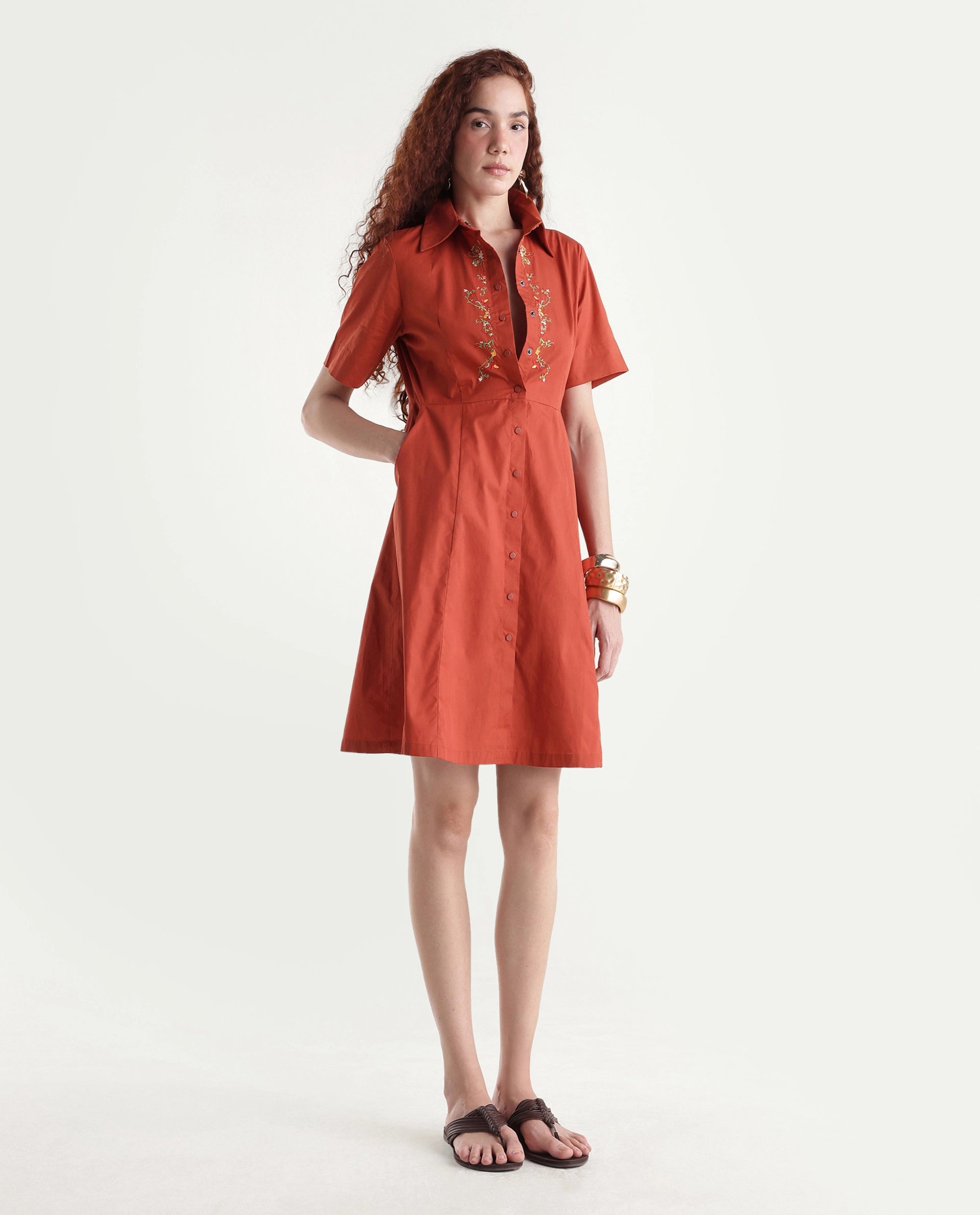 Rareism Women's Ronaj Rust Cotton Spread Collar Plain Knee Length Fit And Flare Dress