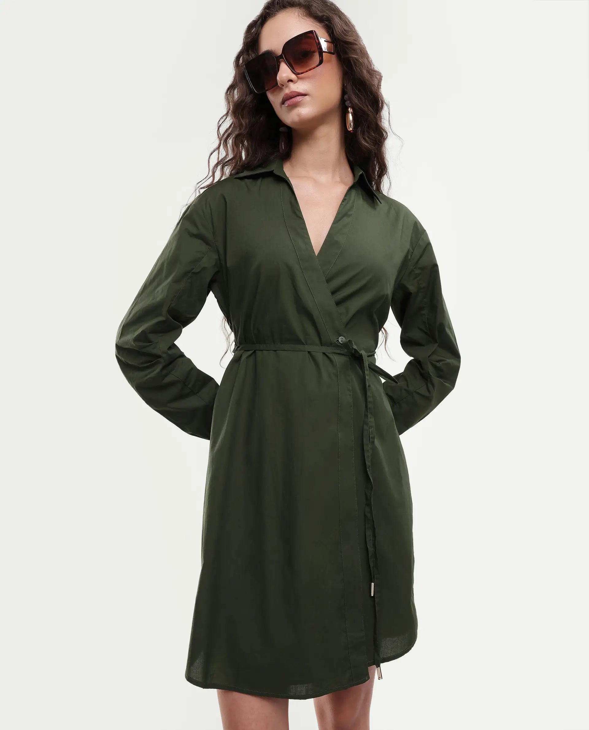 Rareism Women's Ronal Dark Olive Cotton Spread Collar Plain Cuffed Sleeve Knee Length A-Line Dress