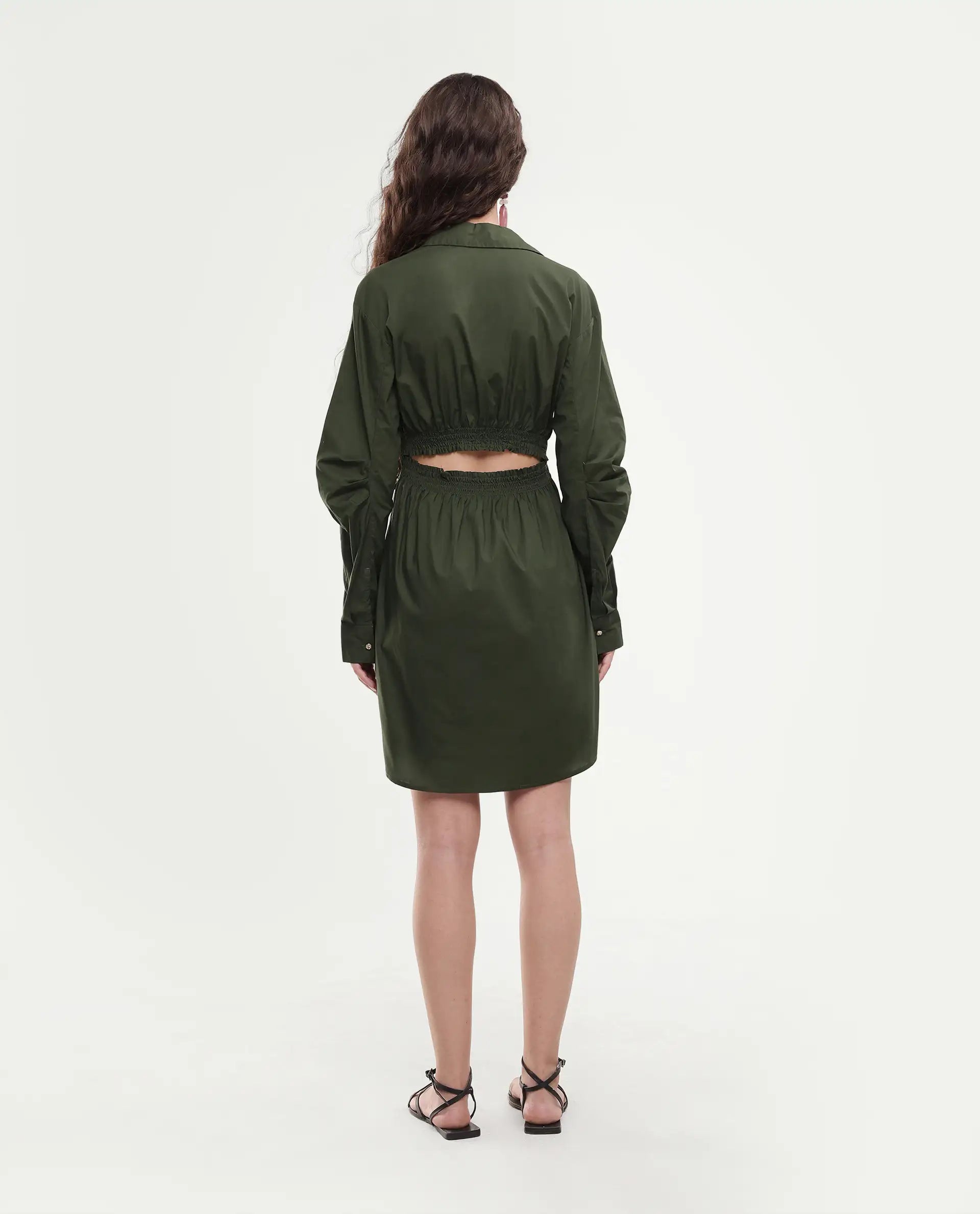 Rareism Women's Ronal Dark Olive Cotton Spread Collar Plain Cuffed Sleeve Knee Length A-Line Dress