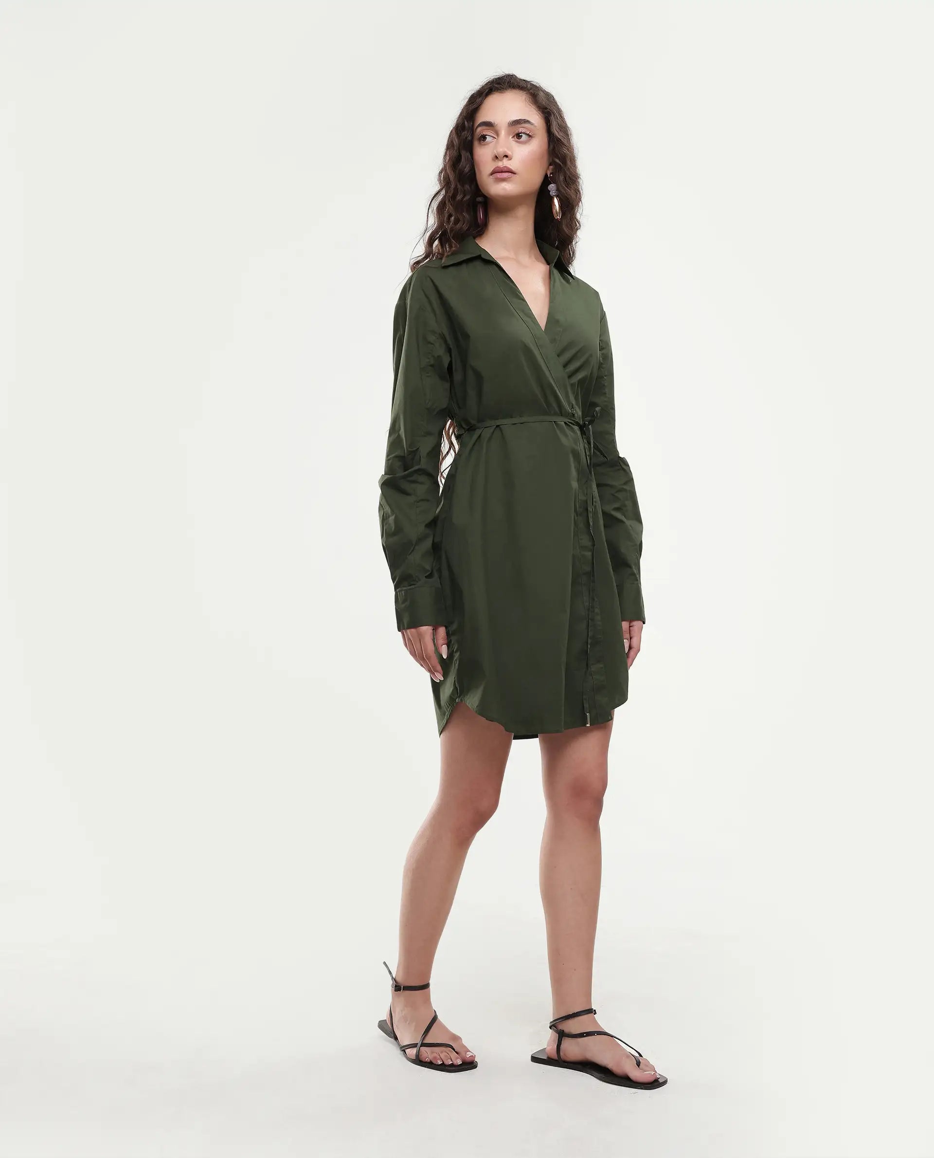 Rareism Women's Ronal Dark Olive Cotton Spread Collar Plain Cuffed Sleeve Knee Length A-Line Dress