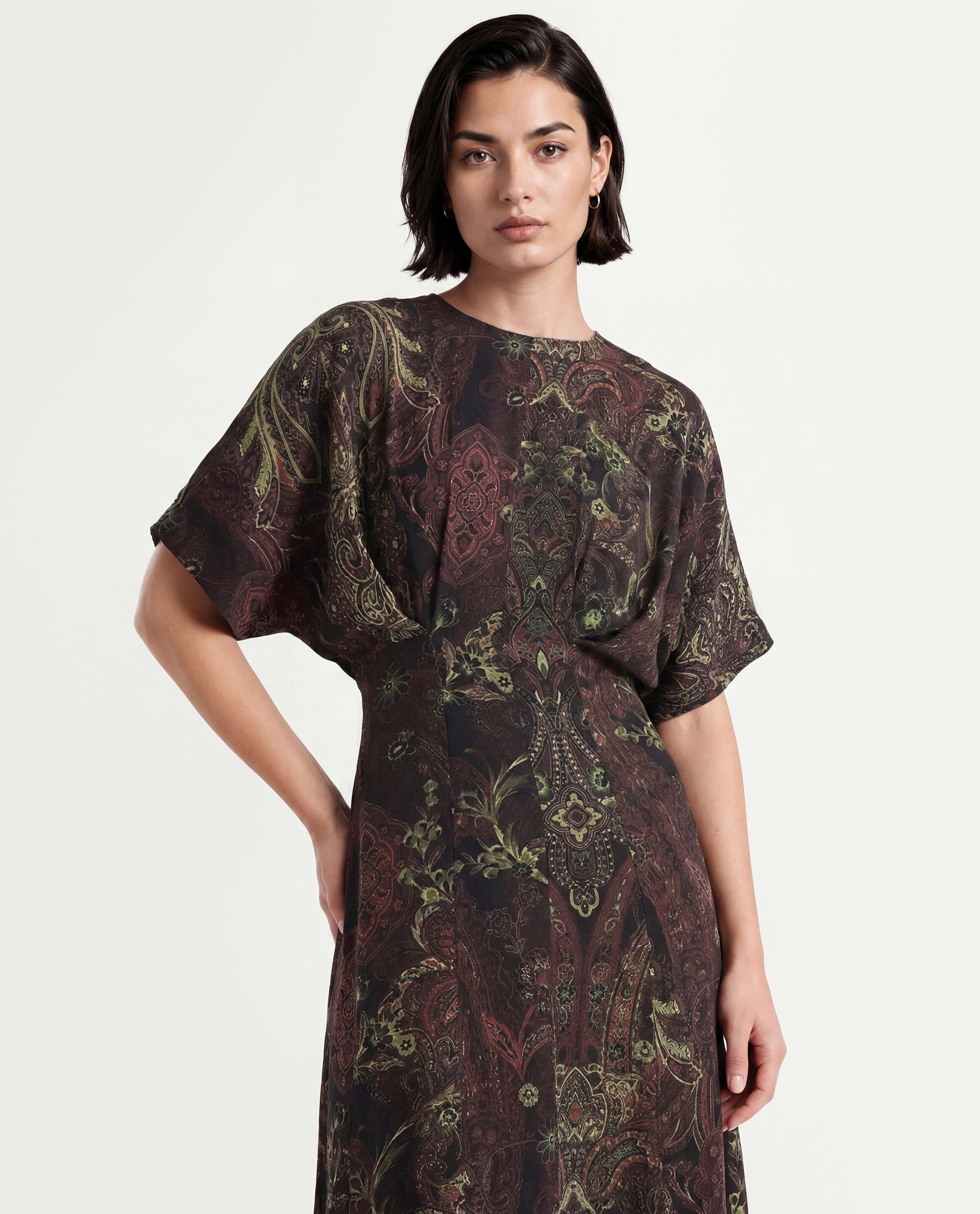 Rareism Women's Ronam Dark Multi Viscose Round Neck Paisley Print Kimono Sleeve Maxi Flared Dress