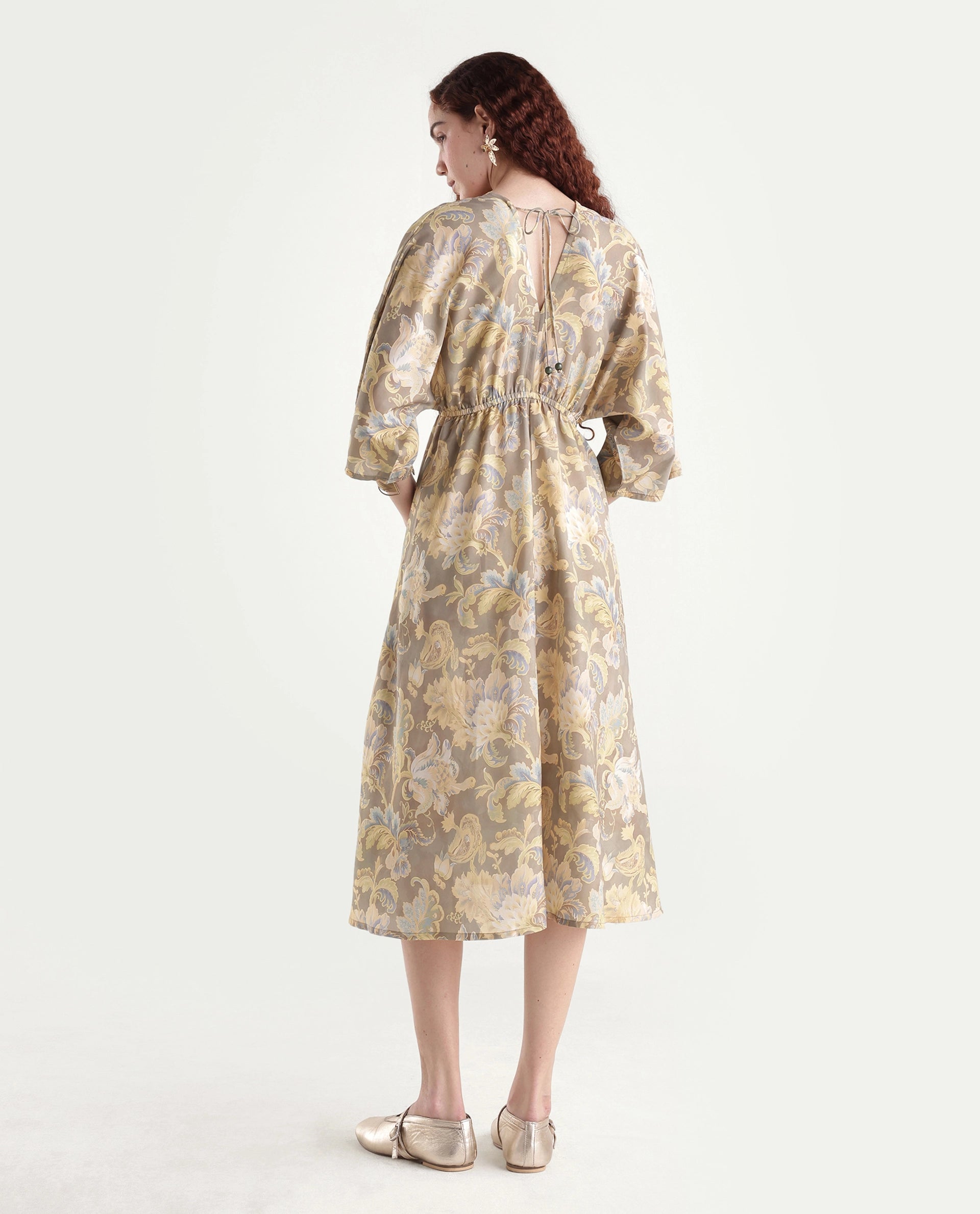 Rareism Women's Ronboh Dark Green Polyester V-Neck Floral Print Kimono Sleeve Knee Length Flared Dress