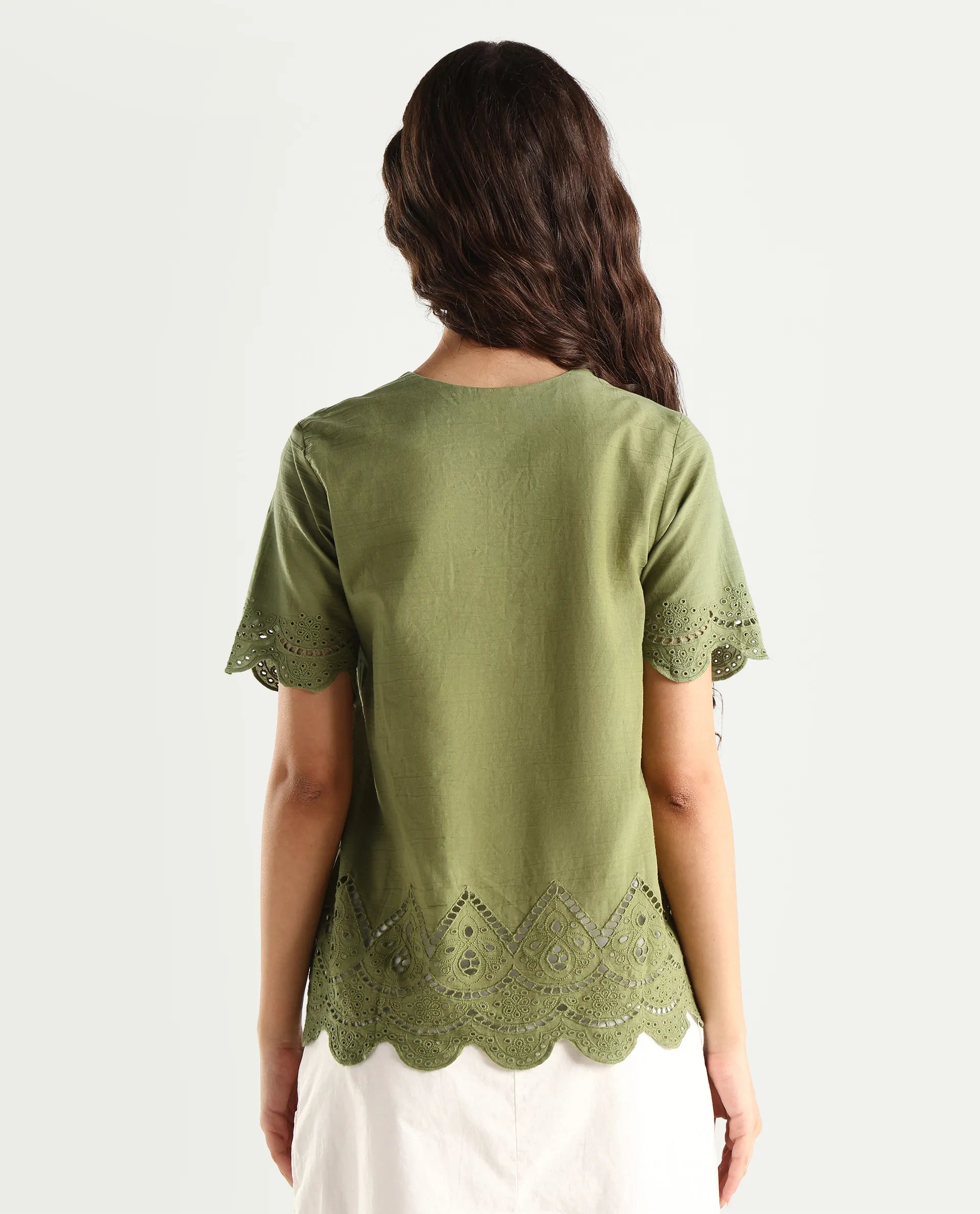 Rareism Women's Rone Green Cotton V-Neck Schiffli Regular Fit Top