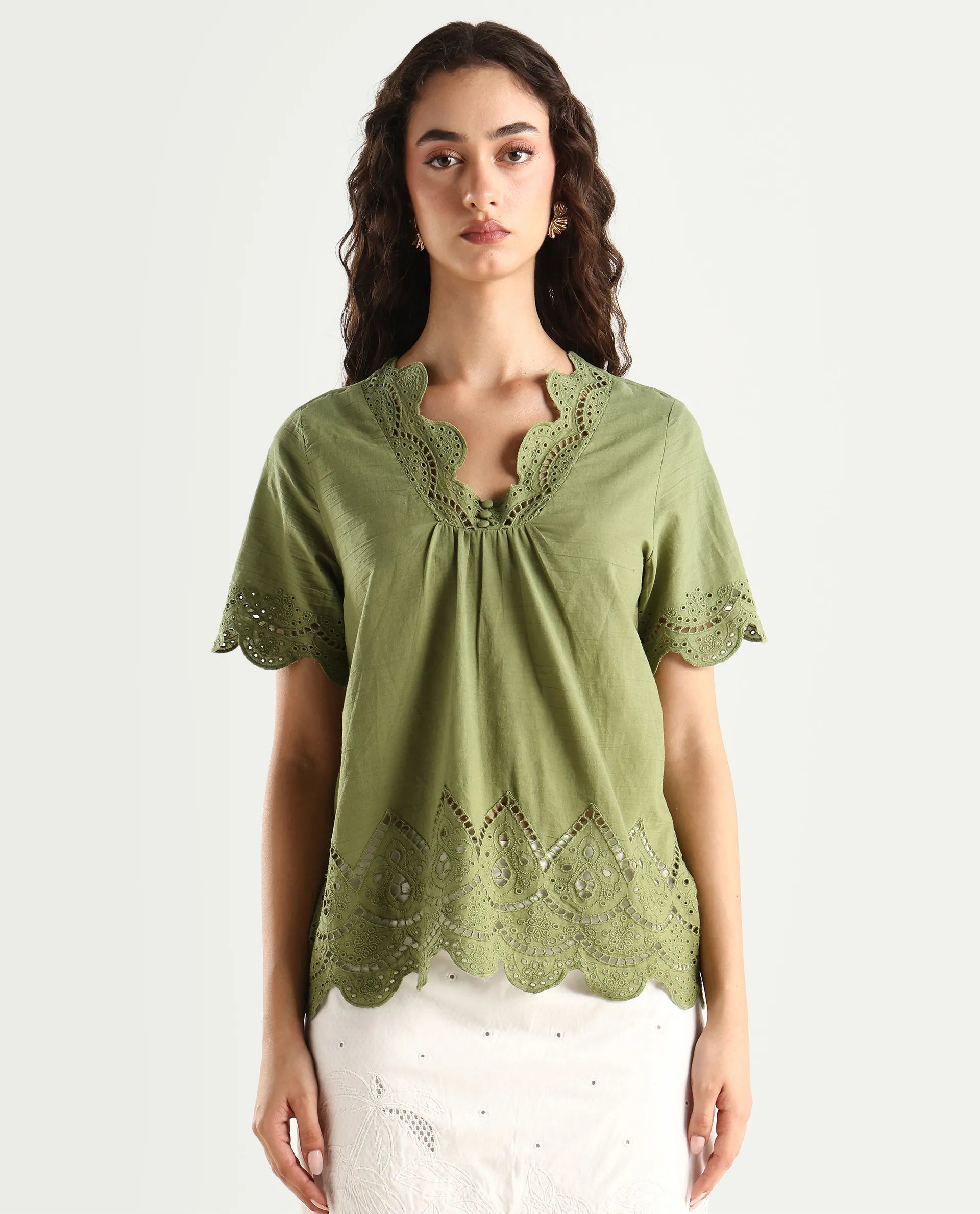 Rareism Women's Rone Green Cotton V-Neck Schiffli Regular Fit Top