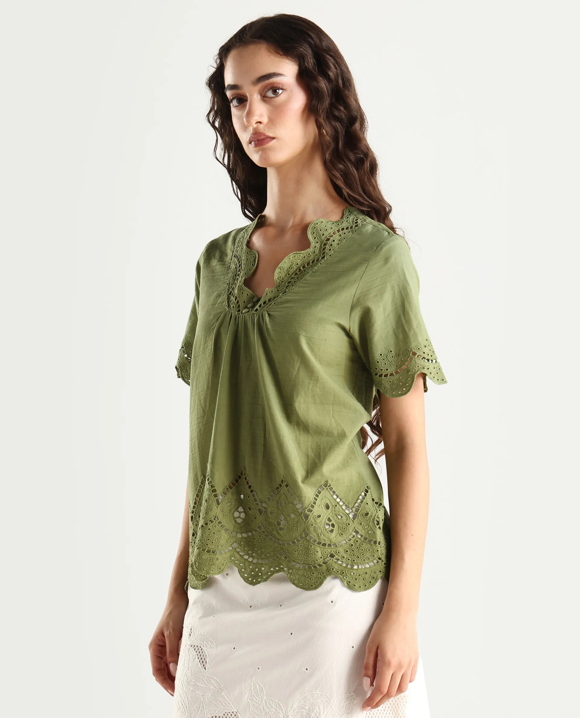 Rareism Women's Rone Green Cotton V-Neck Schiffli Regular Fit Top