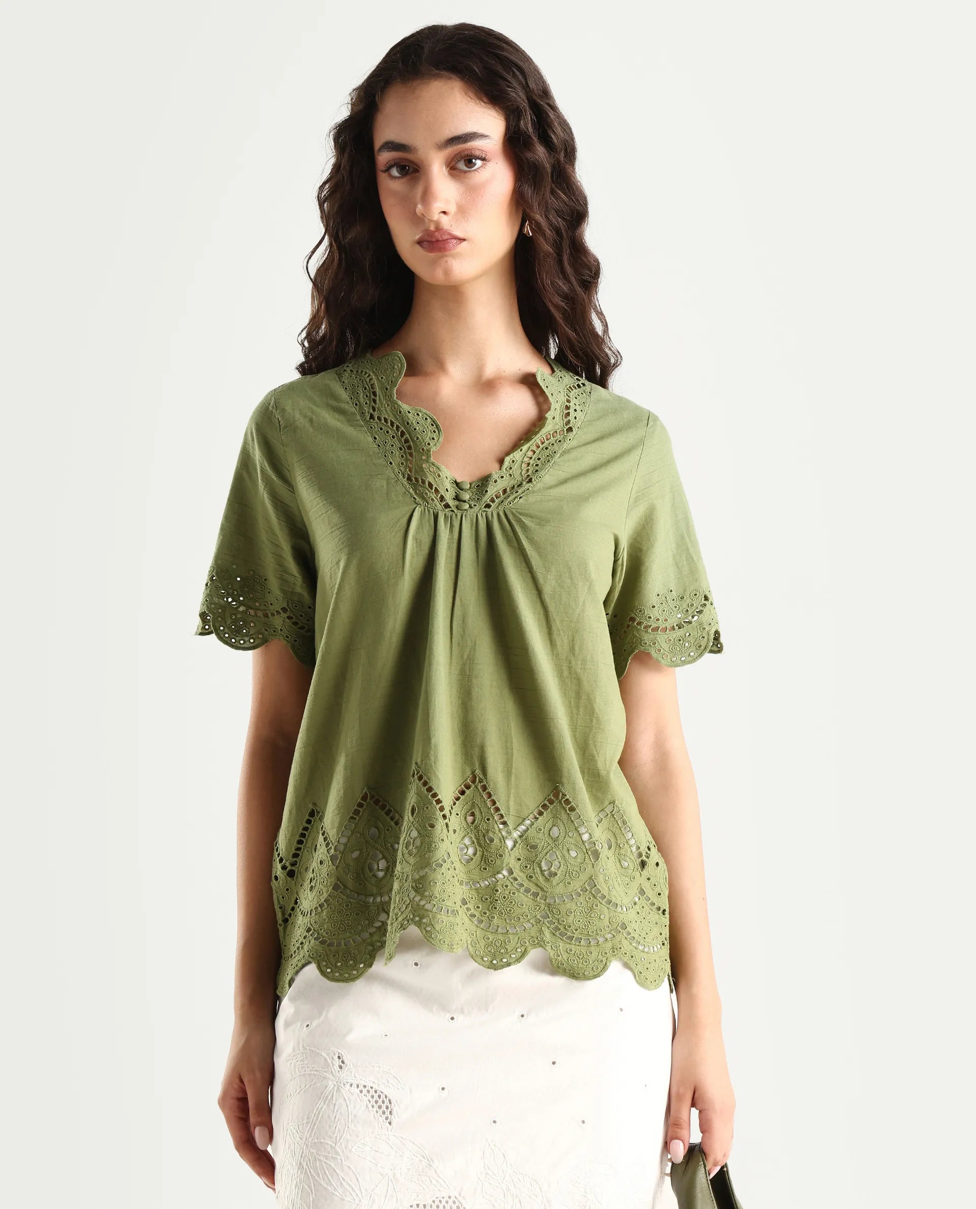 Rareism Women's Rone Green Cotton V-Neck Schiffli Regular Fit Top