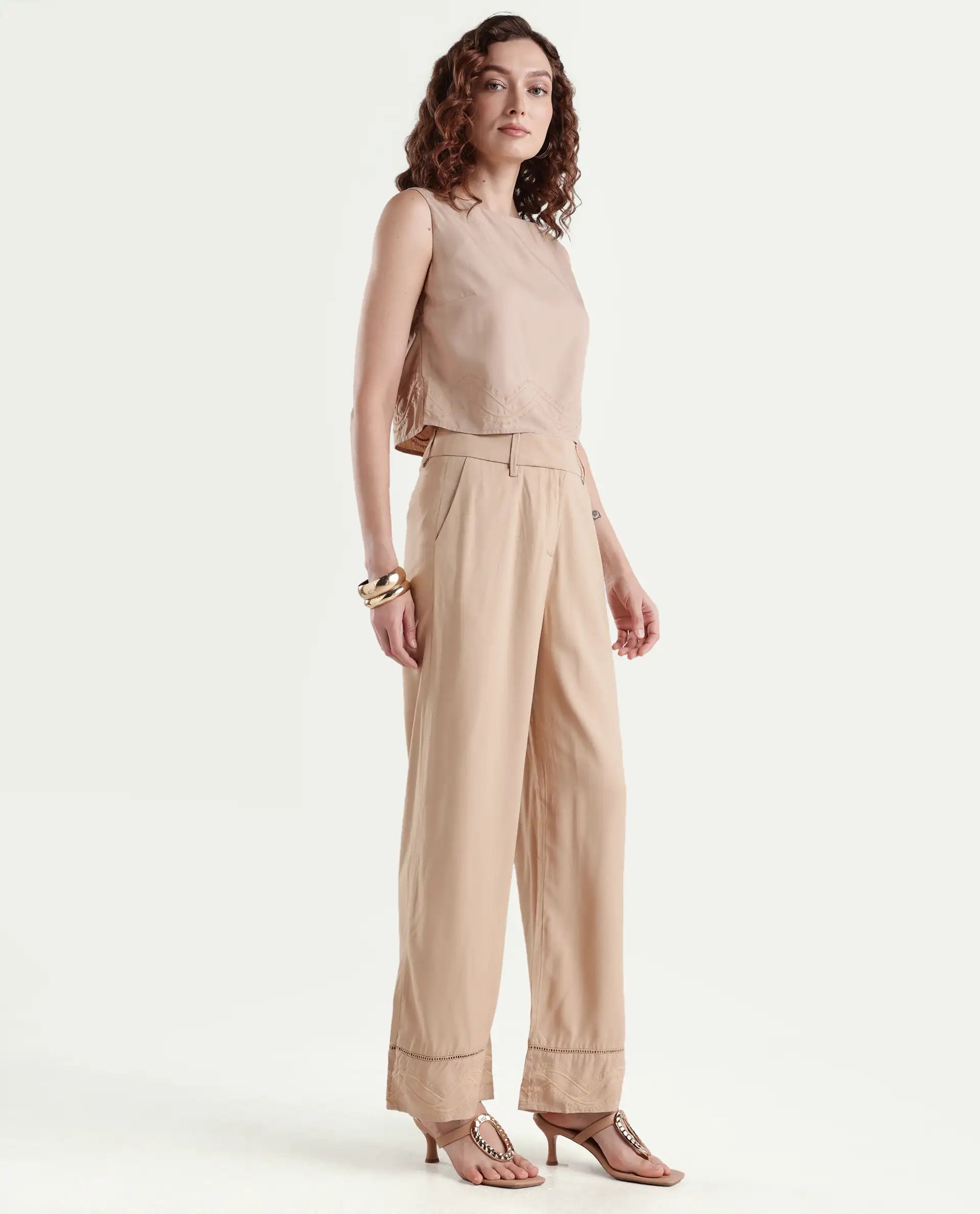 Rareism Women's Roneshif B Beige Viscose Plain Ankle Length Straight Fit Trouser