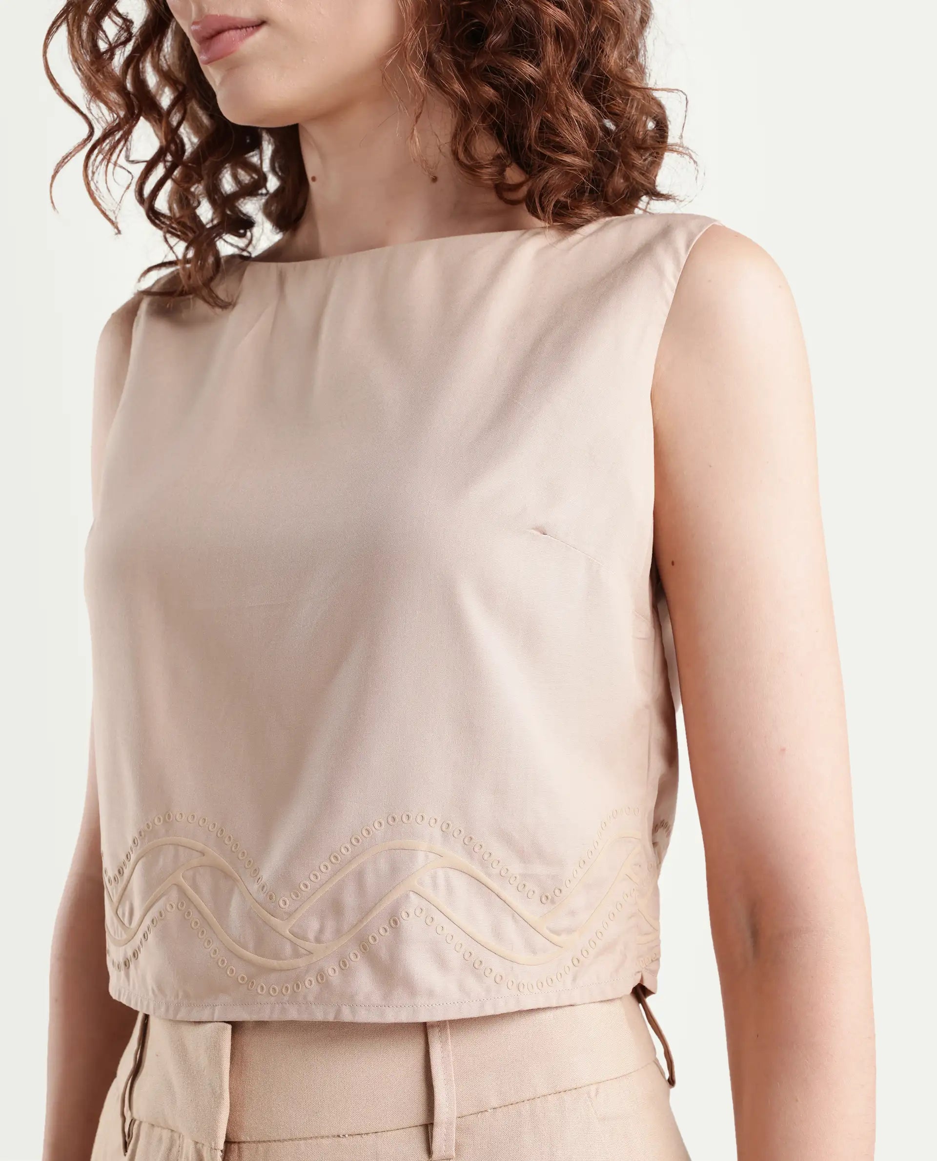 Rareism Women's Roneshif T Beige Viscose Round Neck Plain Sleeveless Crop Regular Fit Top