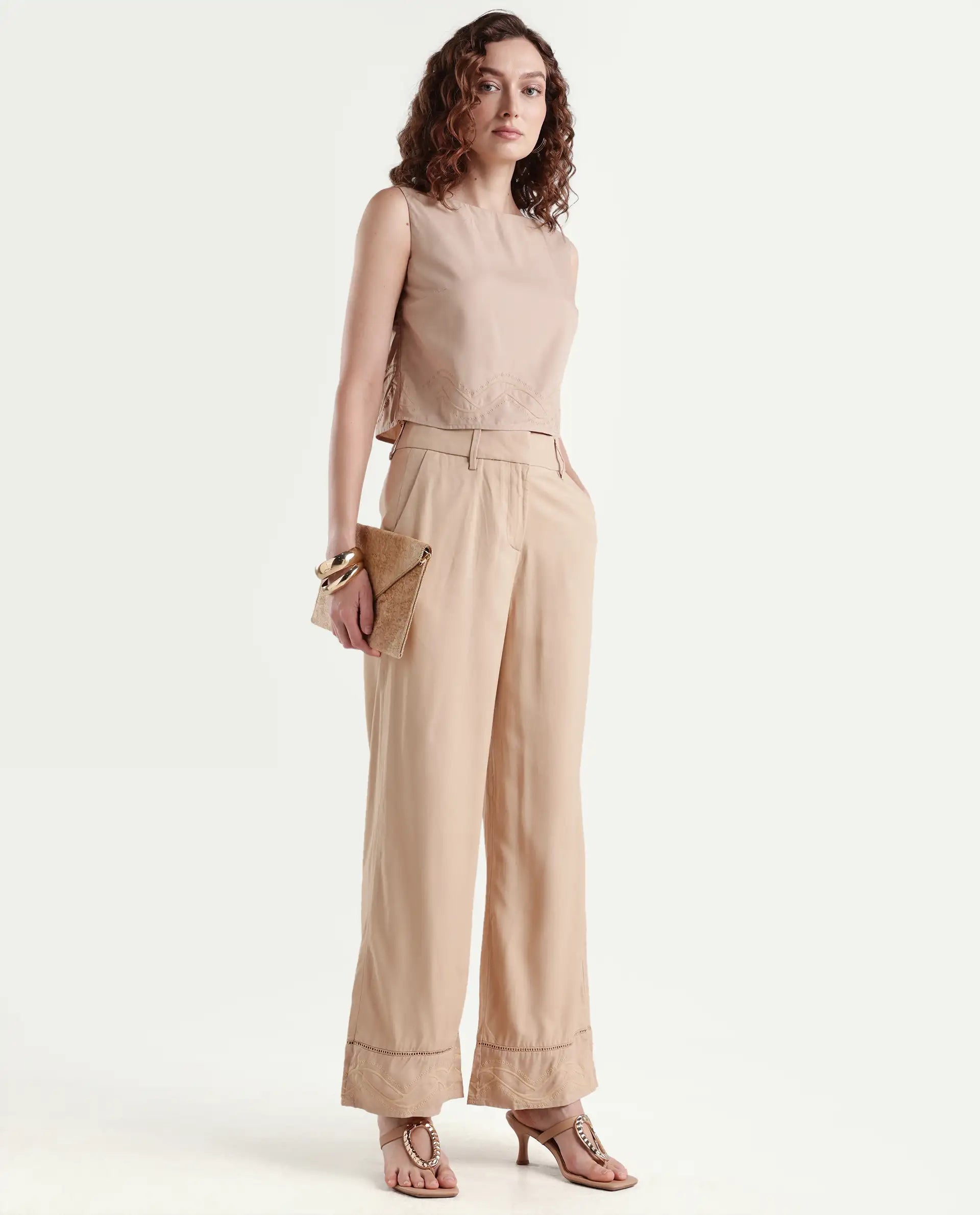 Rareism Women's Roneshif T Beige Viscose Round Neck Plain Sleeveless Crop Regular Fit Top