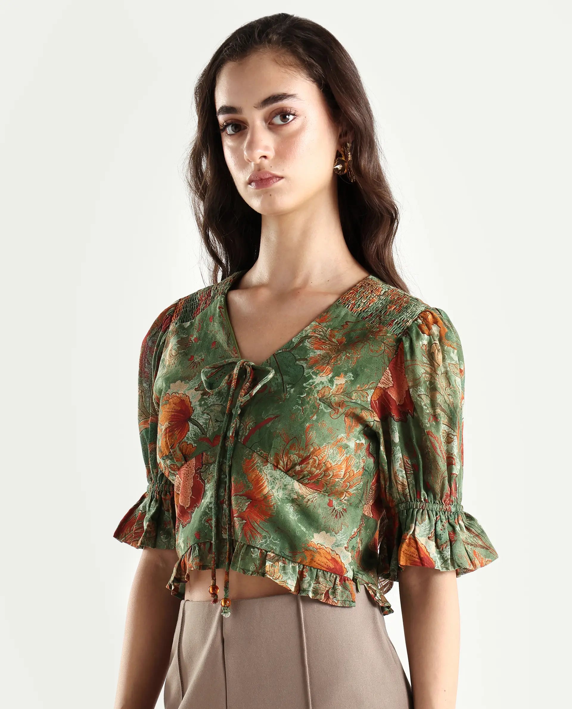 Rareism Women's Ronia Green Cotton Band Collar Abstract Print Ruffled Sleeve Crop Relaxed Fit Top