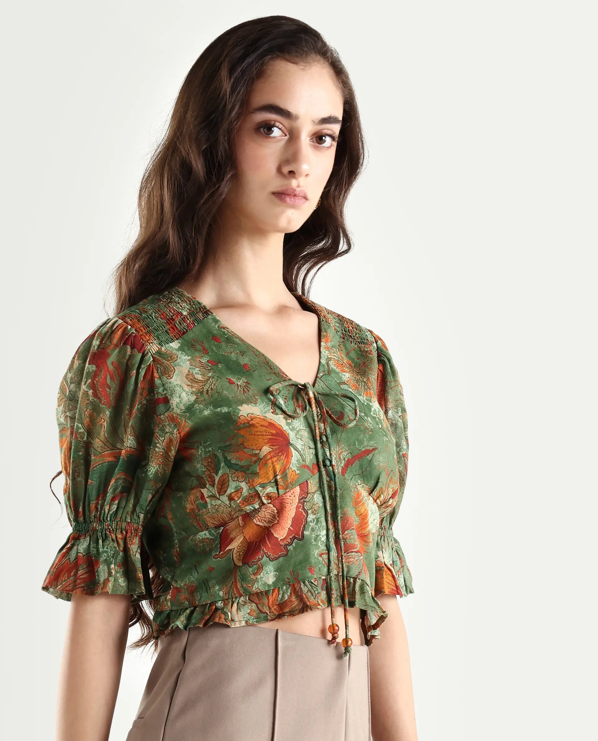 Rareism Women's Ronia Green Cotton Band Collar Abstract Print Ruffled Sleeve Crop Relaxed Fit Top