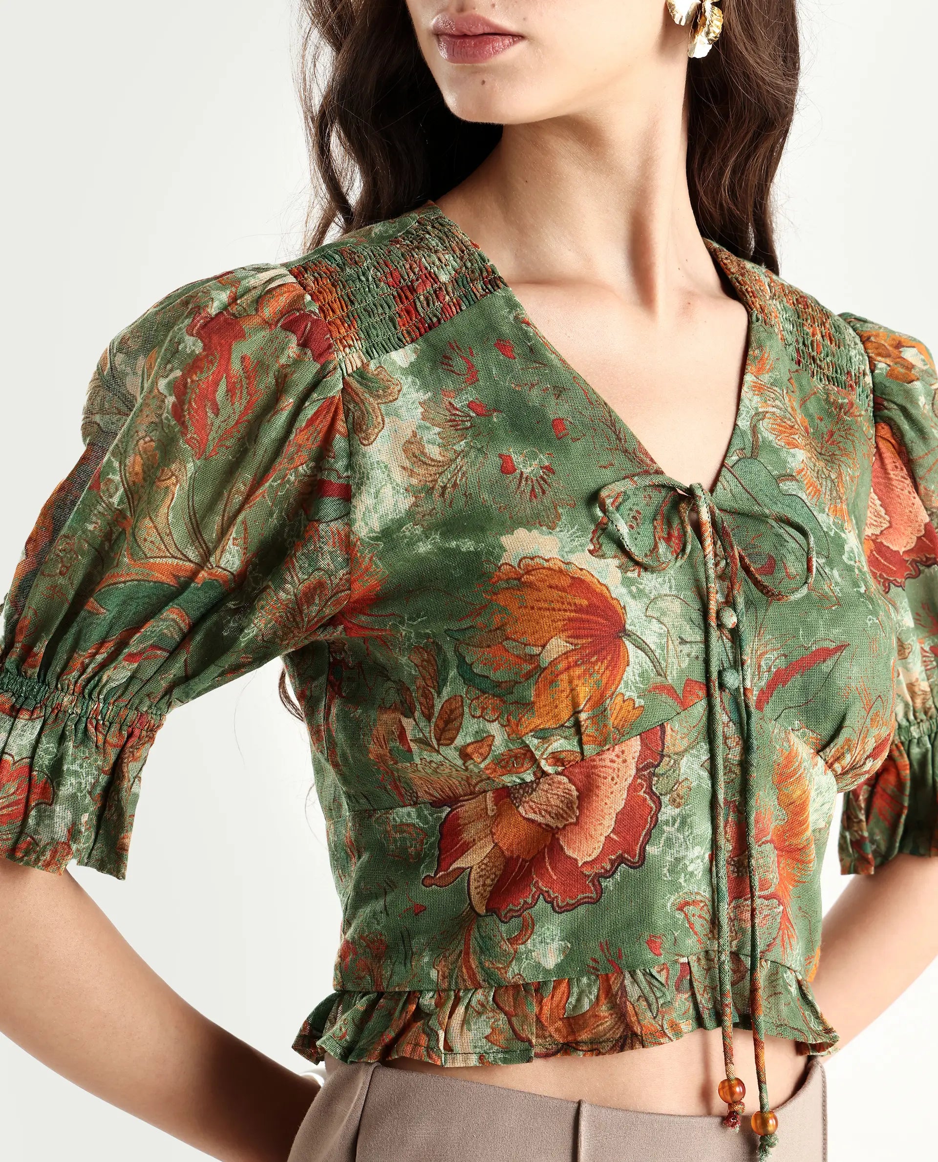 Rareism Women's Ronia Green Cotton Band Collar Abstract Print Ruffled Sleeve Crop Relaxed Fit Top