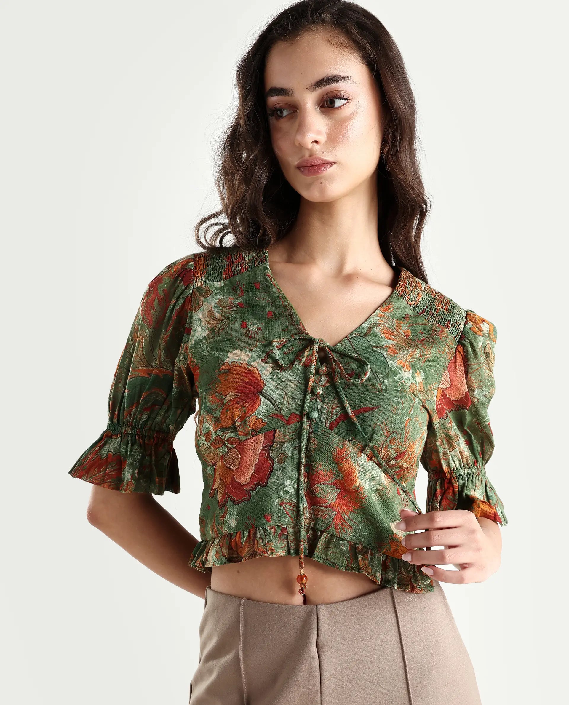 Rareism Women's Ronia Green Cotton Band Collar Abstract Print Ruffled Sleeve Crop Relaxed Fit Top