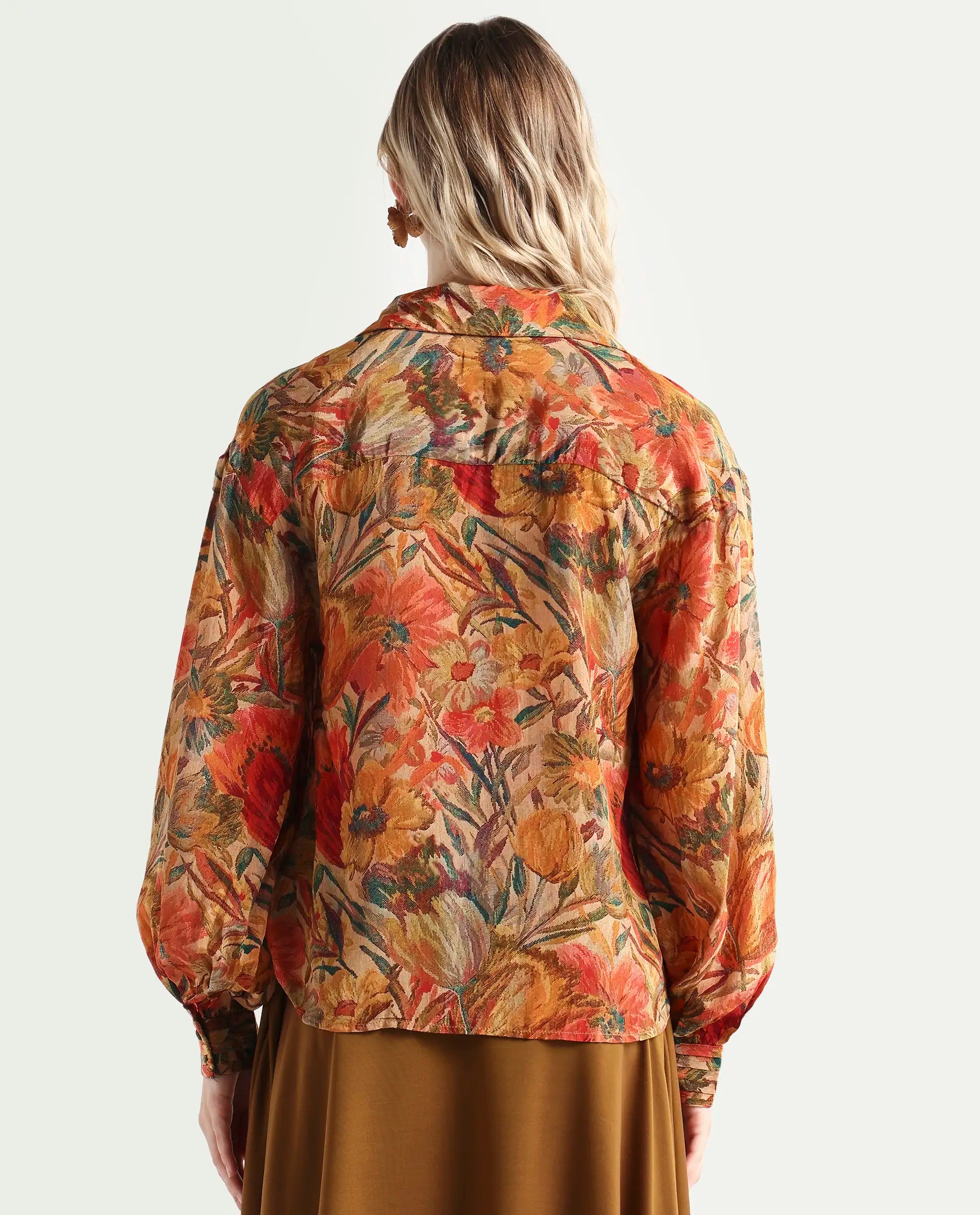 Rareism Women's Ronib Multi Viscose Collared Floral Print Bishop Sleeve Relaxed Fit Top