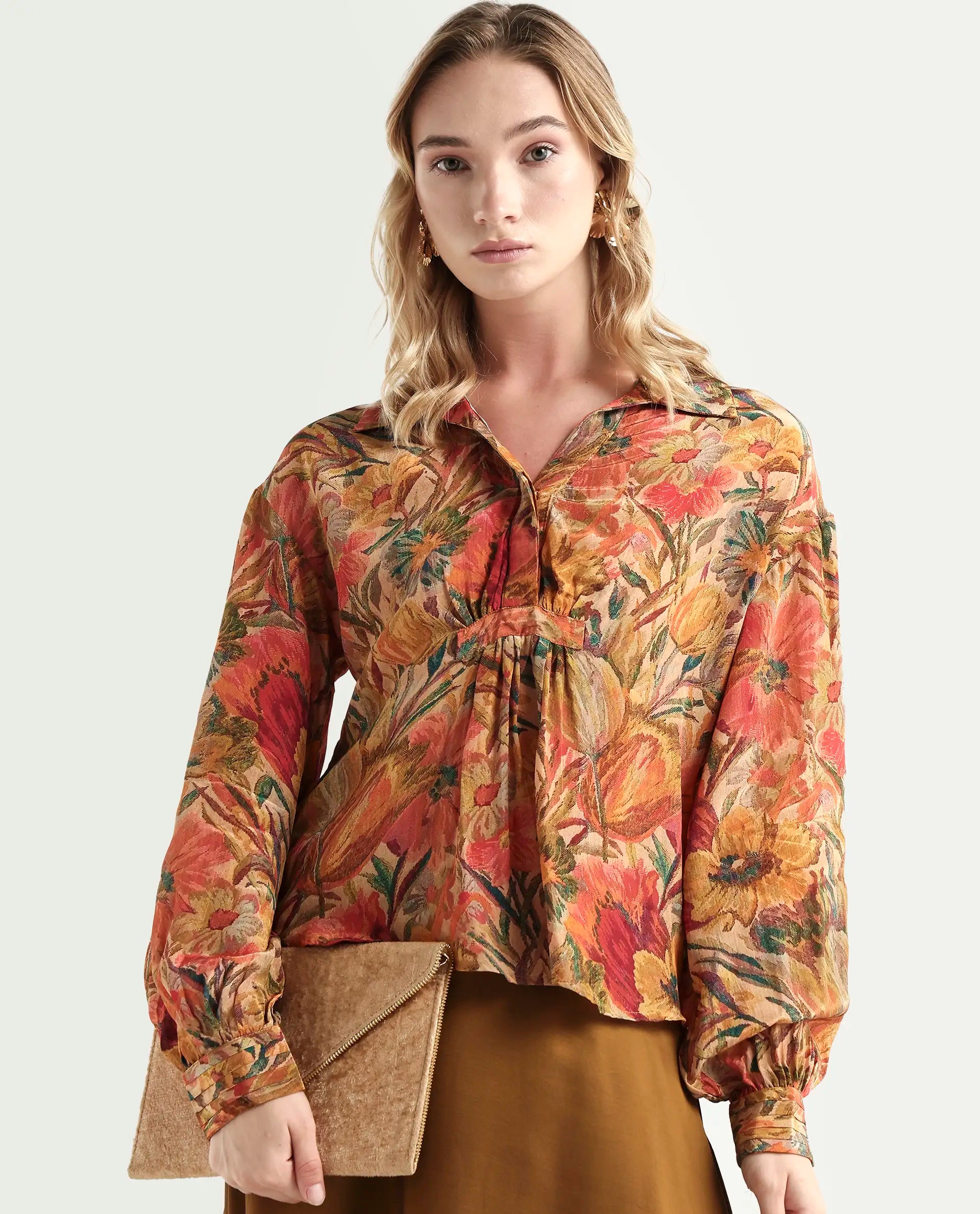 Rareism Women's Ronib Multi Viscose Collared Floral Print Bishop Sleeve Relaxed Fit Top