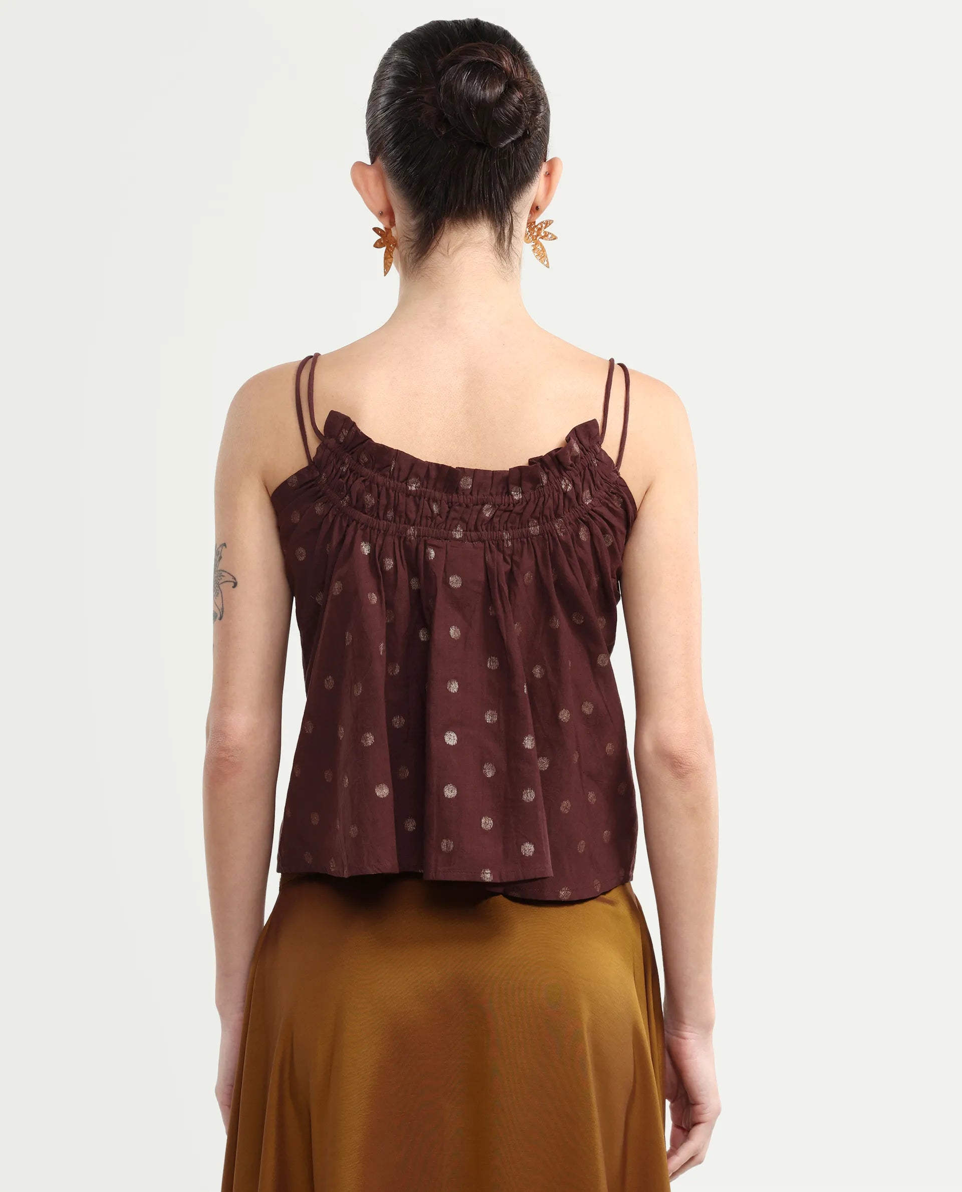 Rareism Women's Ronn Dusky Brown Cotton V-Neck Plain Sleeveless Relaxed Fit Top