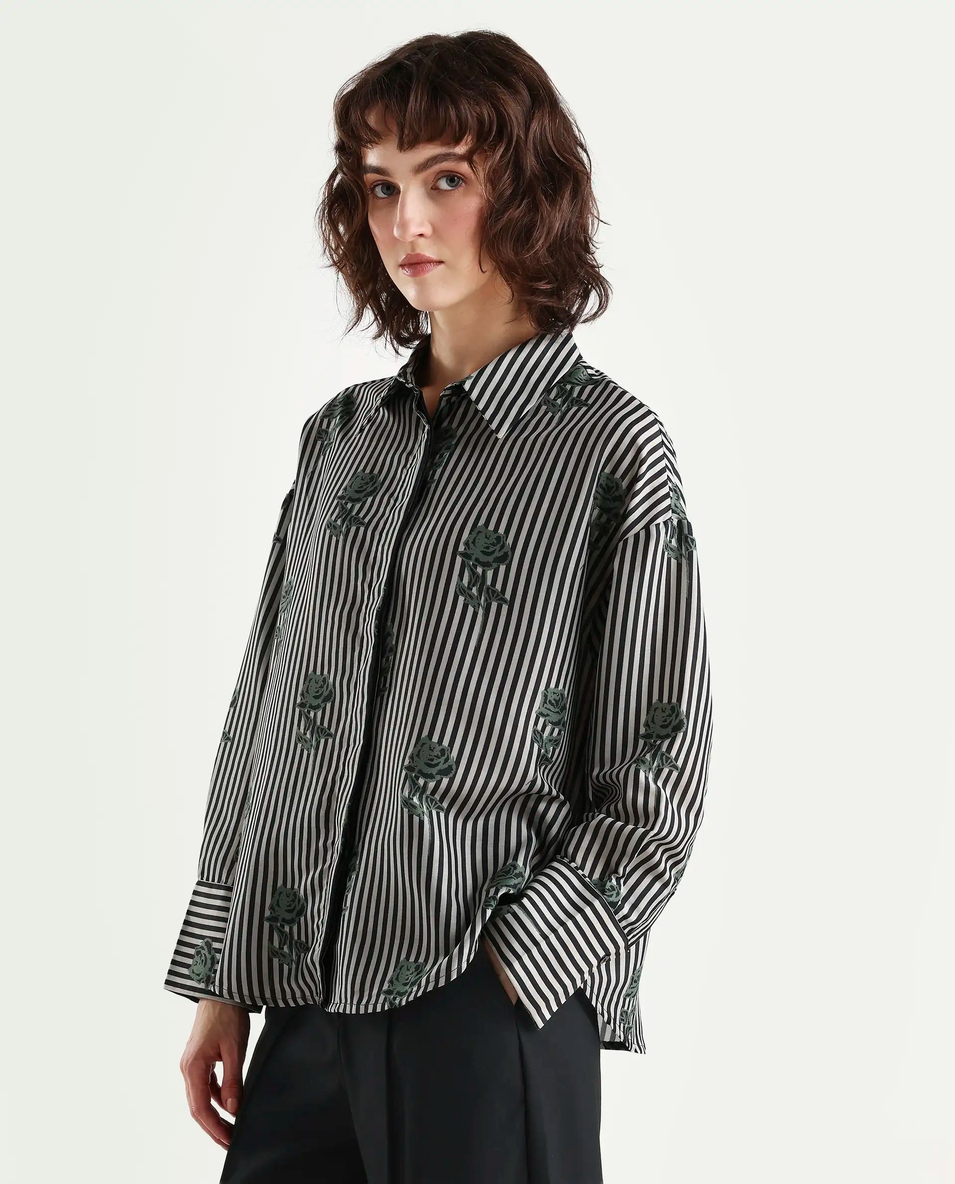 Rareism Women's Ronrayzo Dark Green Polyester Spread Collar Striped Cuffed Sleeve Regular Fit Shirt