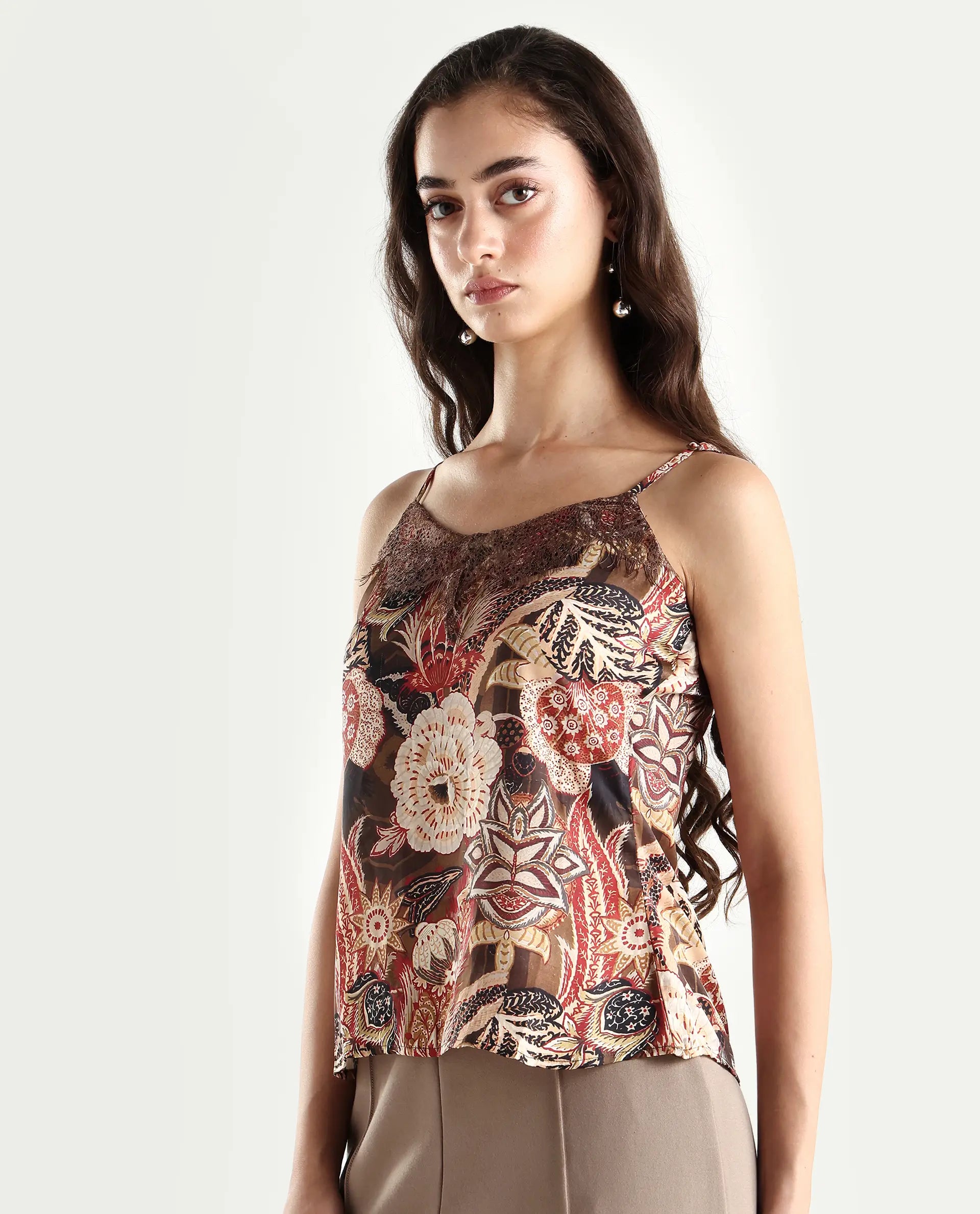 Rareism Women's Ronu Brown Polyester V-Neck Abstract Print Sleeveless Regular Fit Top