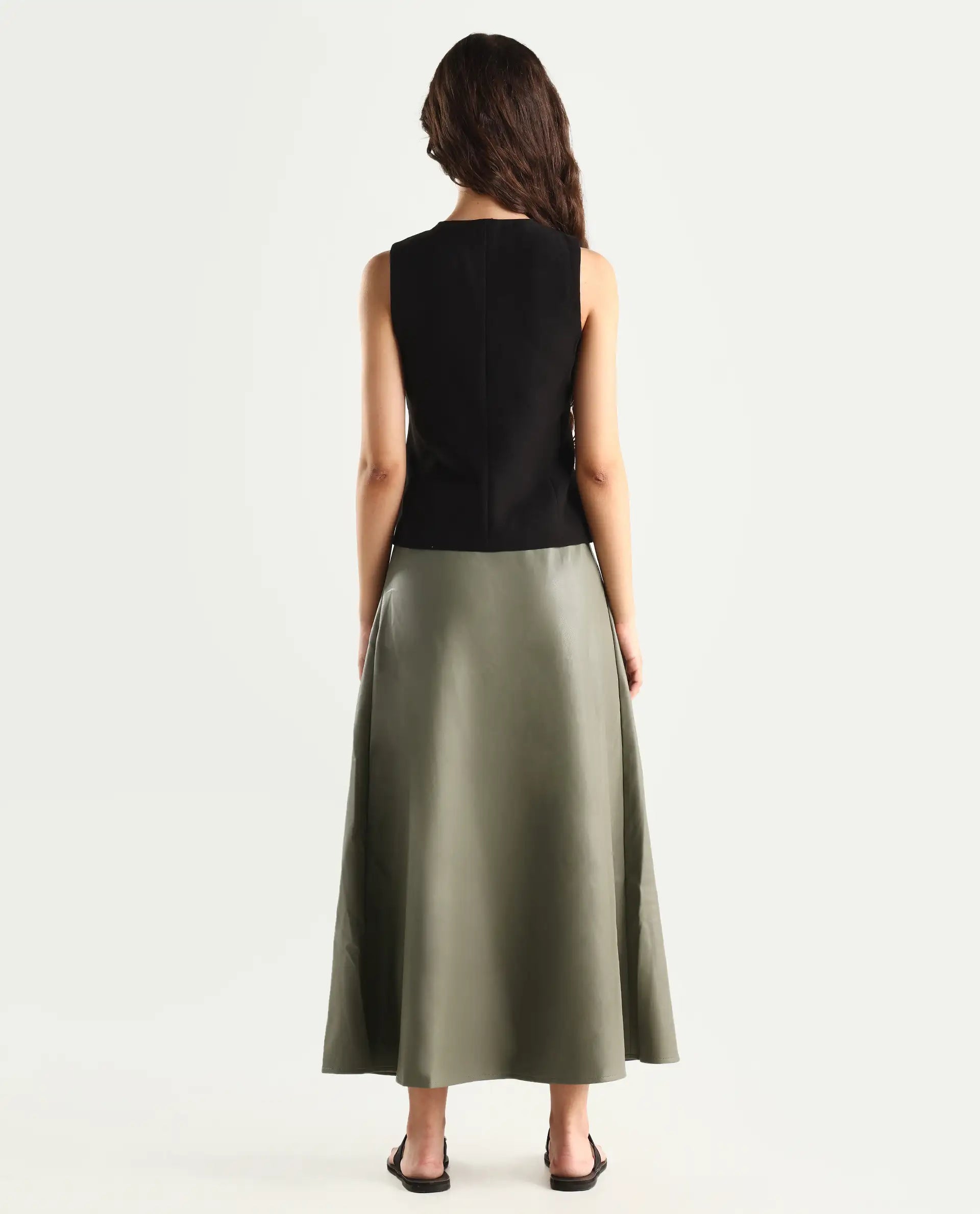 Rareism Women's Serdo Olive Polyester Dyed Midi Flared Skirt