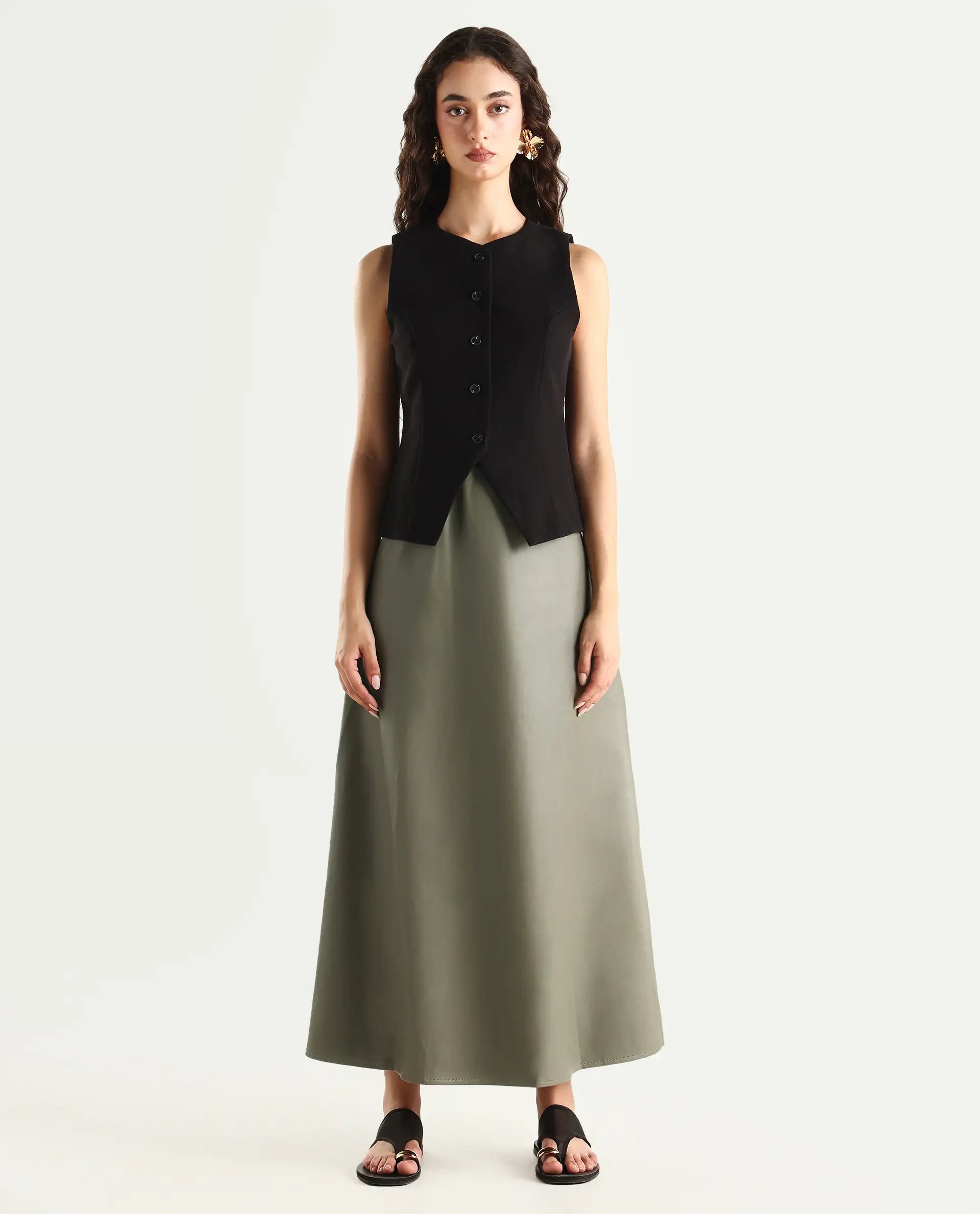Rareism Women's Serdo Olive Polyester Dyed Midi Flared Skirt
