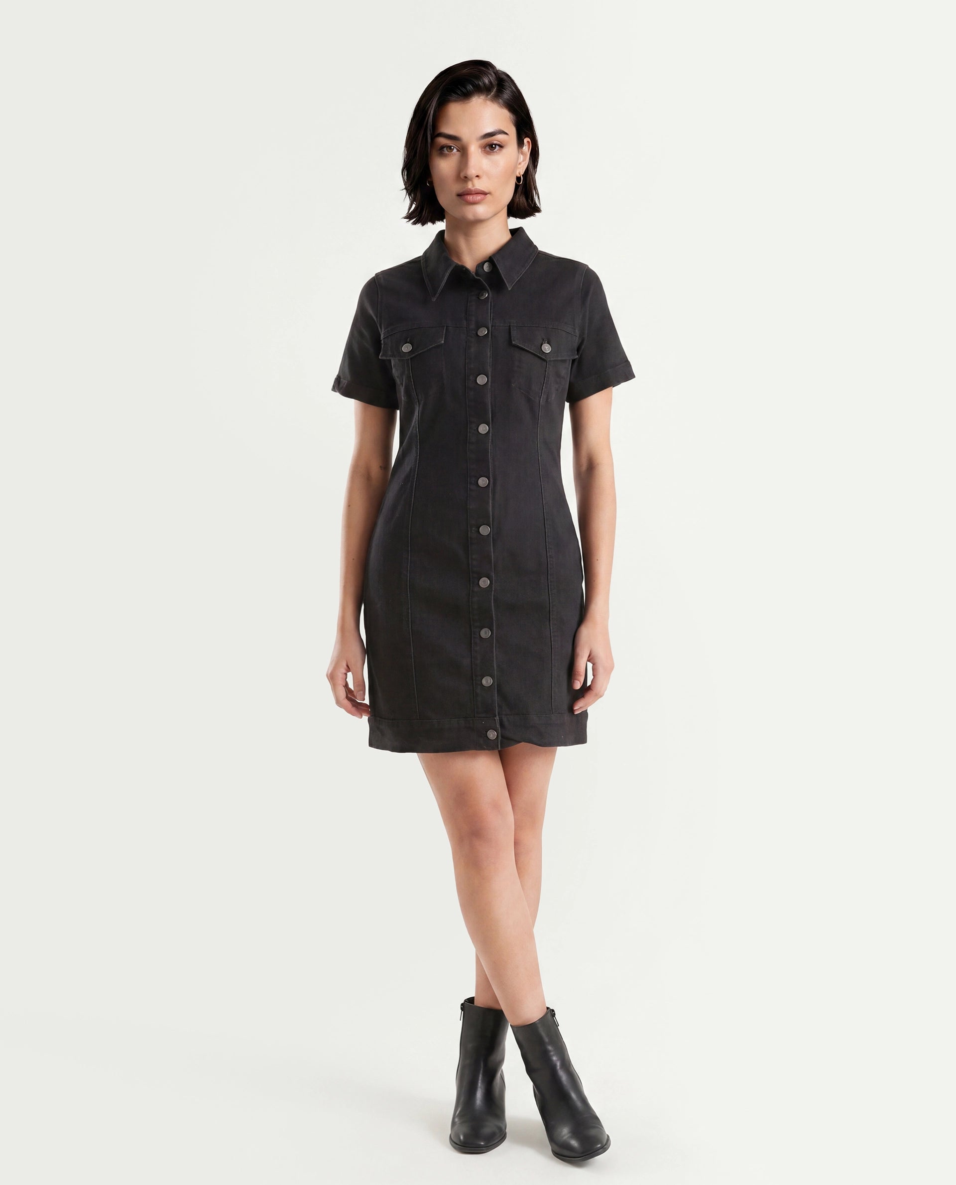 Rareism Women's Thio Black Cotton Blend Spread Collar Plain Knee Length Fitted Dress