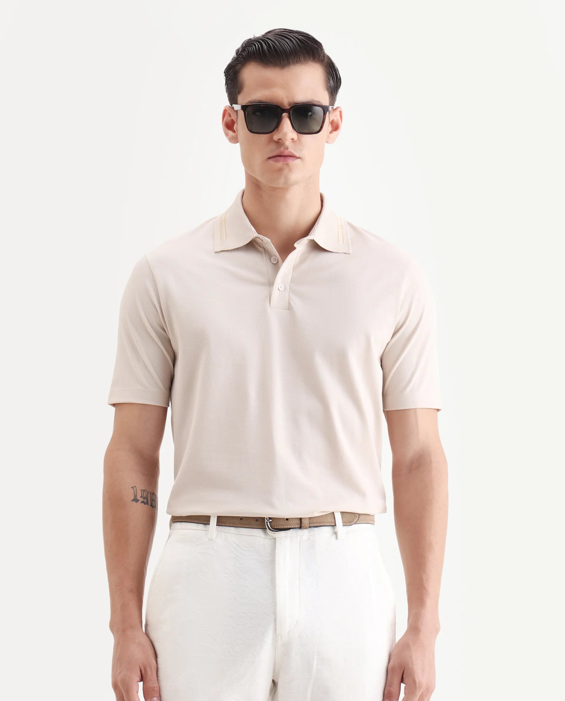 Rare Rabbit Men's Zire-25 Beige Cotton Plain Regular Fit Half Sleeve Polo