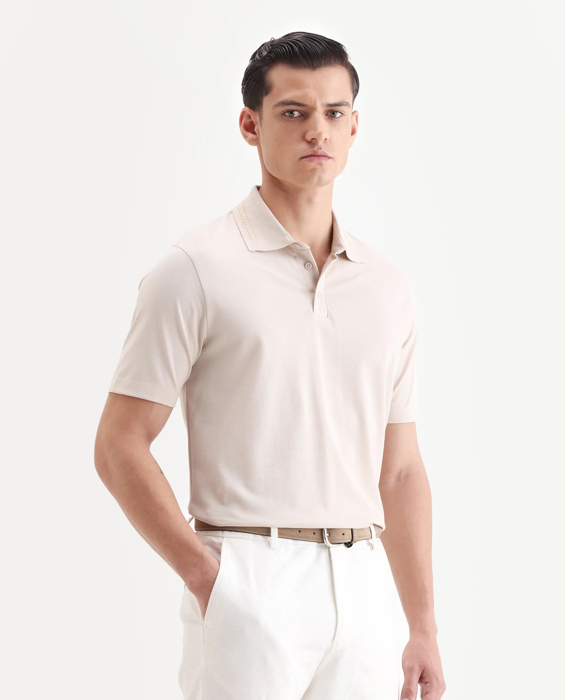 Rare Rabbit Men's Zire-25 Beige Cotton Plain Regular Fit Half Sleeve Polo